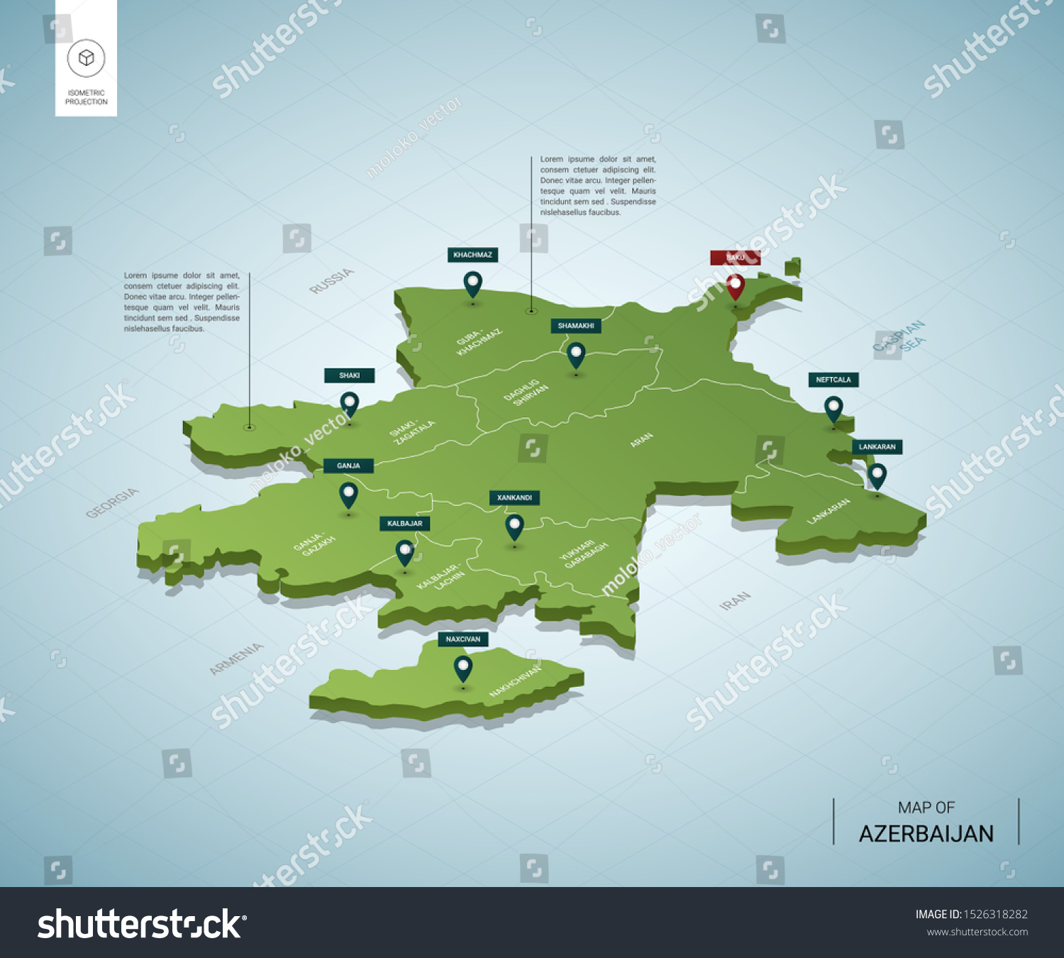 SVG of Stylized map of Azerbaijan. Isometric 3D green map with cities, borders, capital Baku, regions, shadow.; Vector illustration. Editable layers clearly labeled.  svg