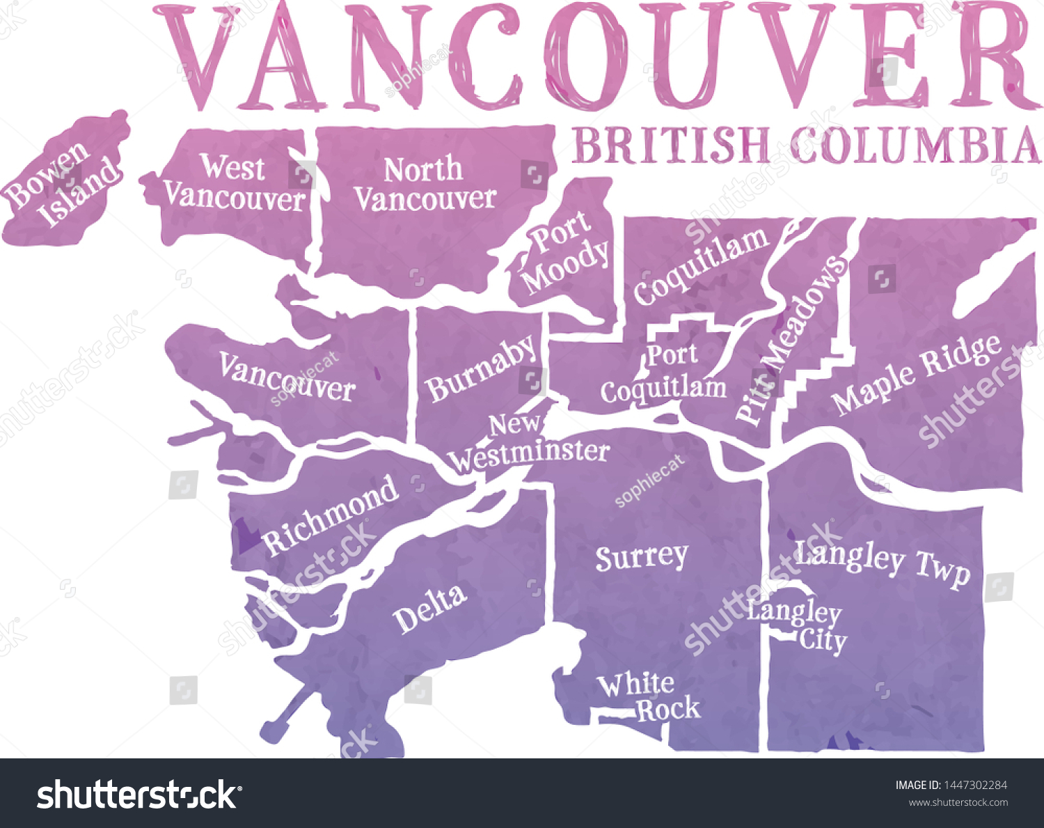 Map Of Vancouver Bc Stylized Map Greater Vancouver Canada British Stock Vector (Royalty Free)  1447302284