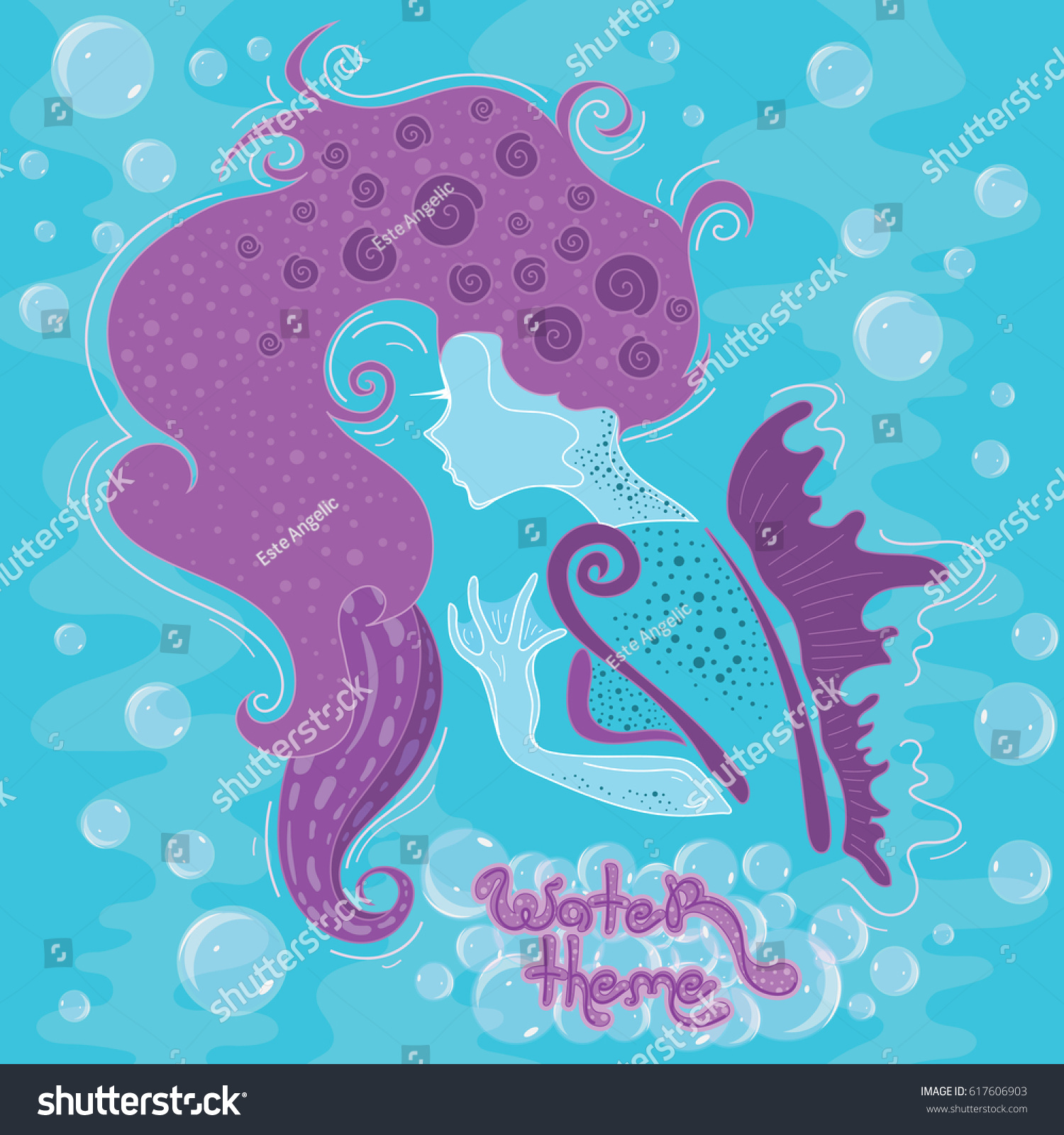 Stylized Mermaid Long Purple Hair Flipper Stock Vector Royalty