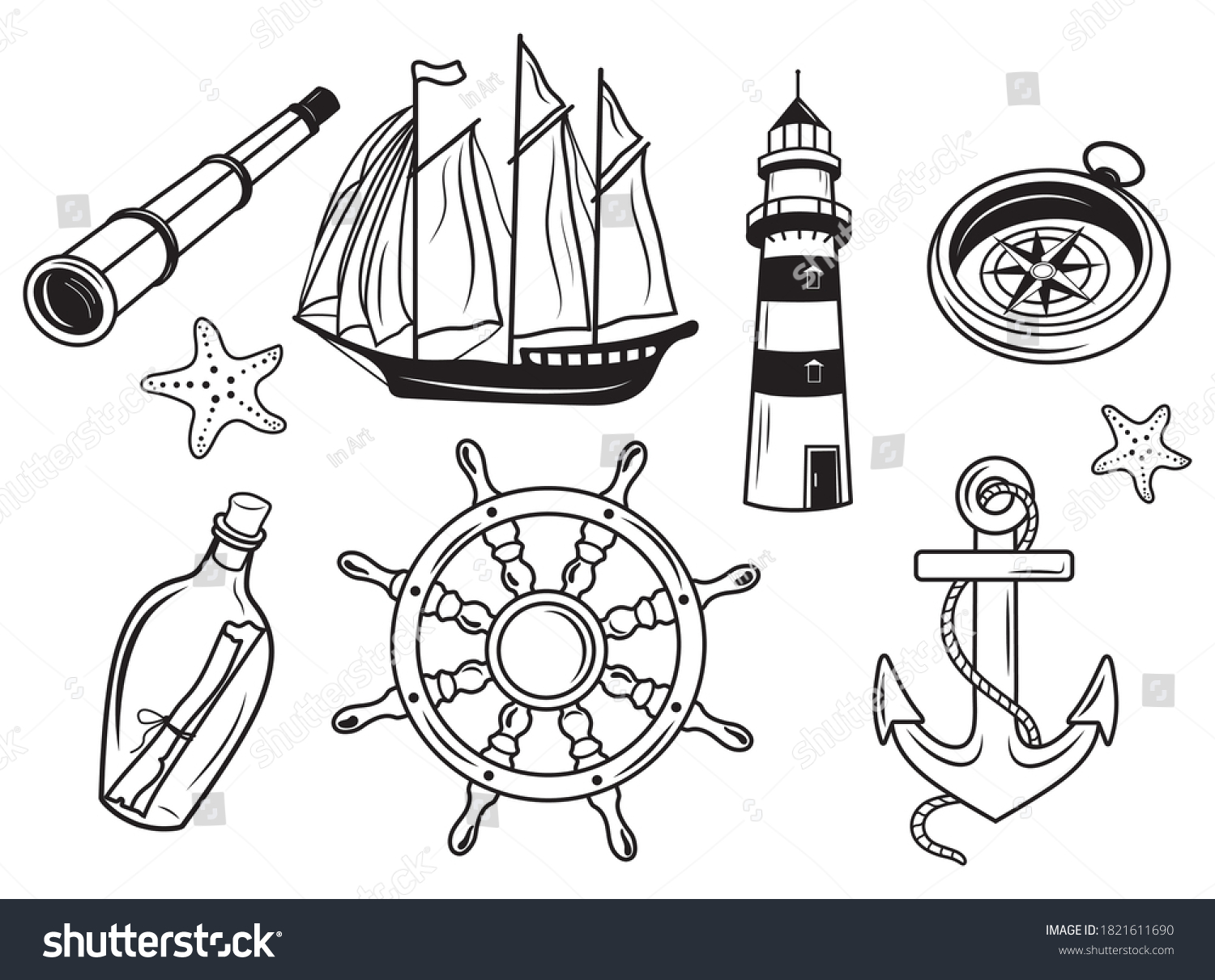 Stylized Nautical Set Collection Items Marine Stock Vector Royalty Free 1821611690 Shutterstock