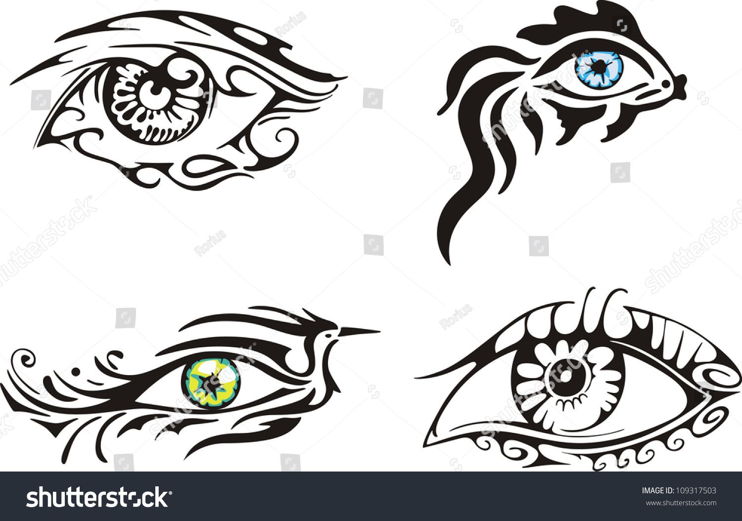 Stylized Ornamental Eyes. Set Of Color And Black/White Vector ...