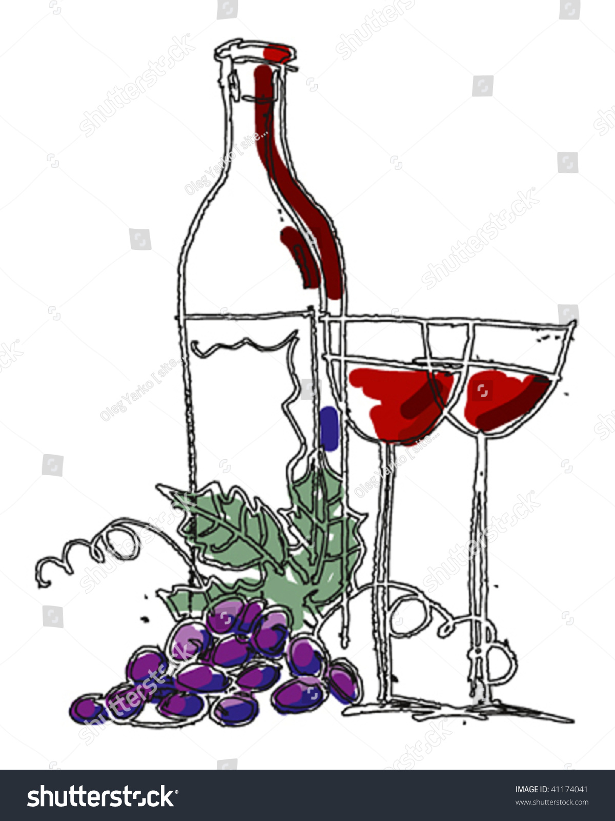 Stylized Still-Life. A Bottle Of Wine, Two Glasses And A Bunch Of ...