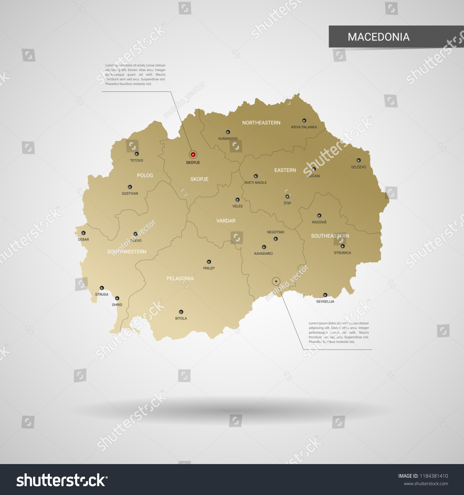 Stylized Vector Macedonia Map Infographic 3d   Stock Vector Stylized Vector Macedonia Map Infographic D Gold Map Illustration With Cities Borders Capital 1184381410 