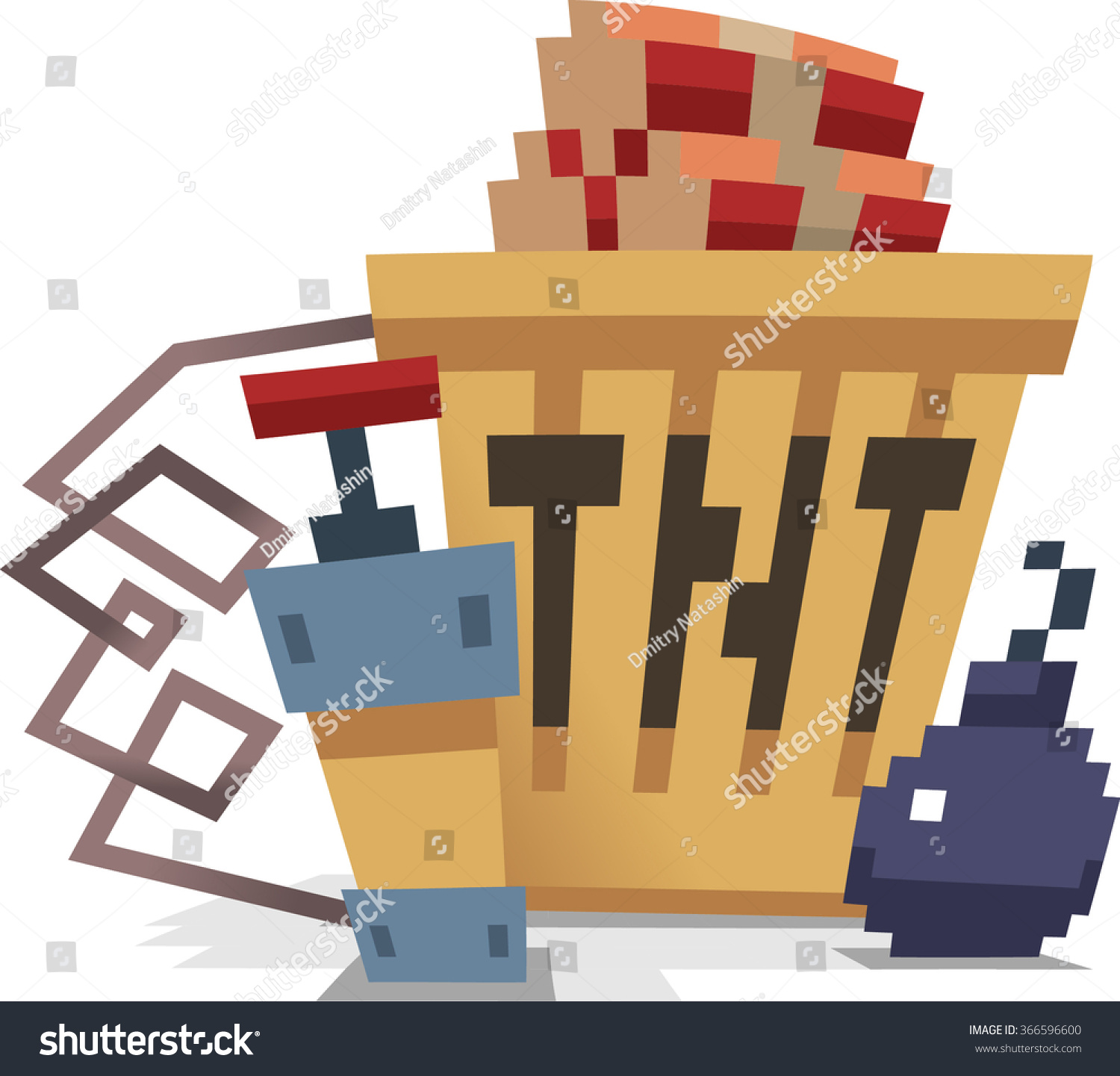 Stylyzed pixel dynamite box with fuse, dynamite and bomb. vector illustration isolated on white