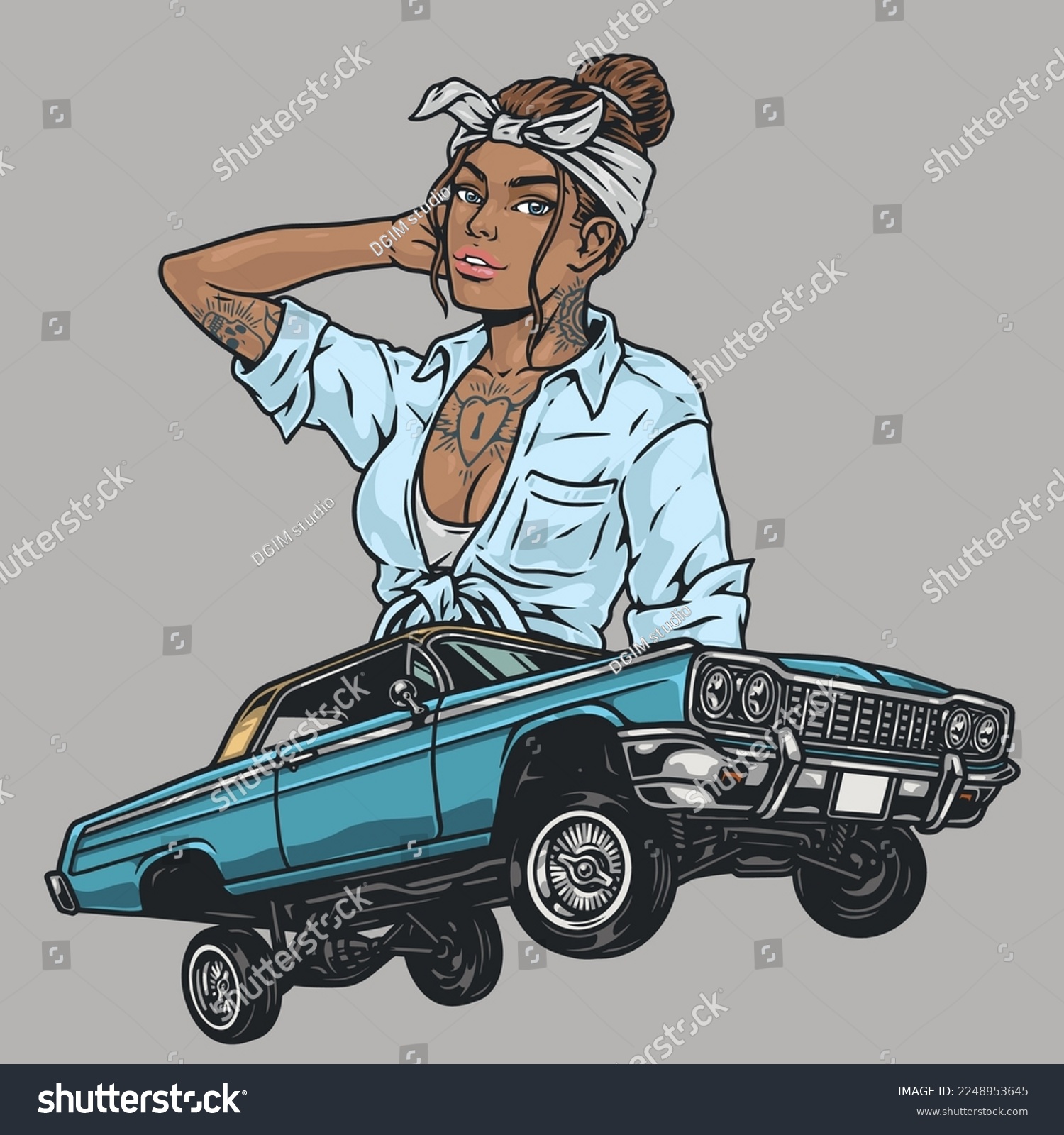 SVG of Subculture lowrider girl colorful emblem with jumping festival machine and woman with tattoo and bandage on hair isolated vector illustration svg
