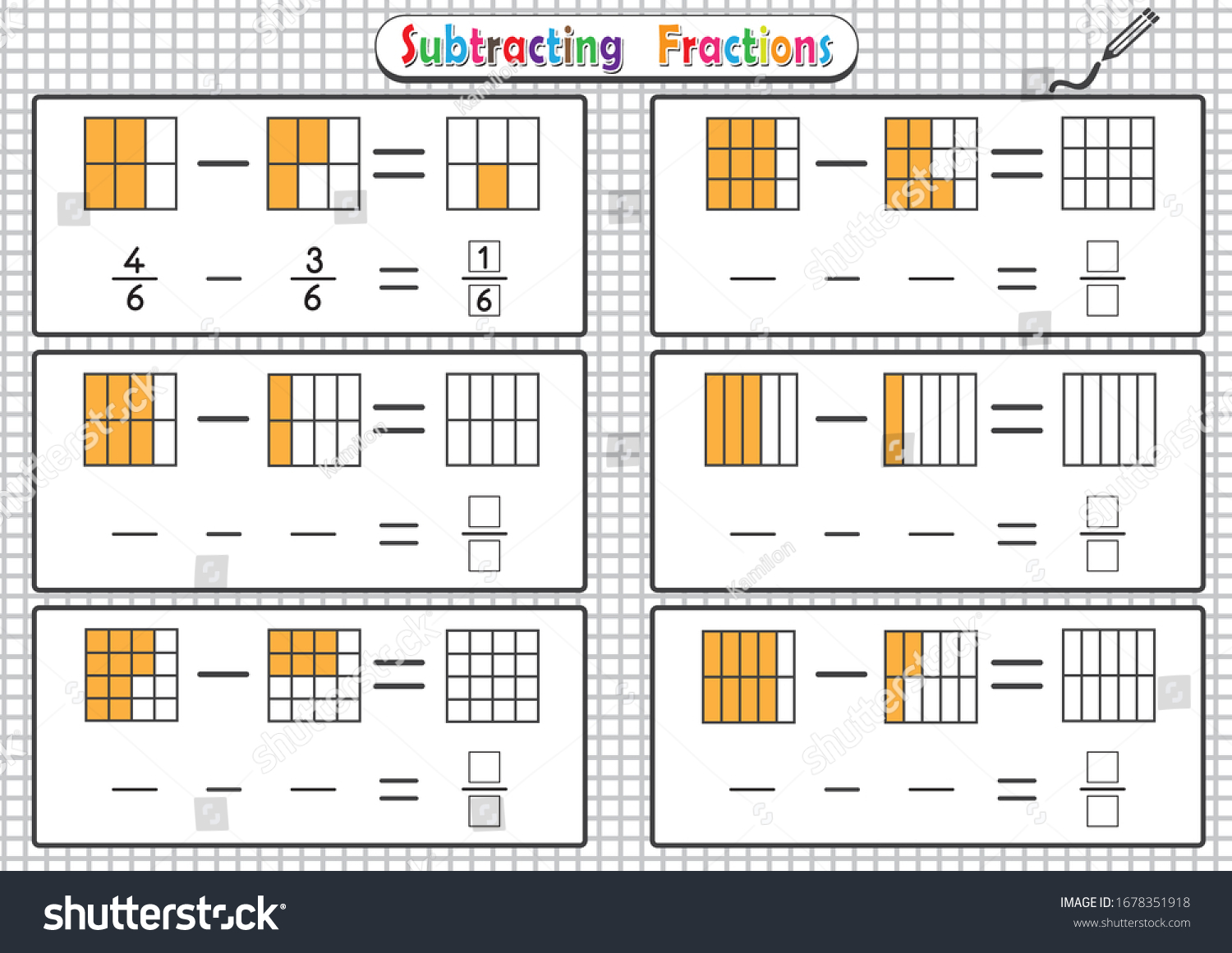 subtracting-fractions-worksheets-math-fraction-worksheet-stock-vector