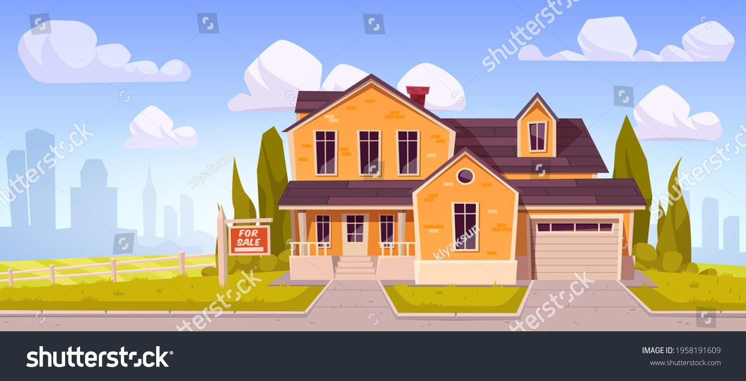 SVG of Suburban house with sign for sale. Residential cottage from yellow brick with garage with cityscape on background. Vector cartoon landscape with suburb mansion. Real estate purchase concept svg
