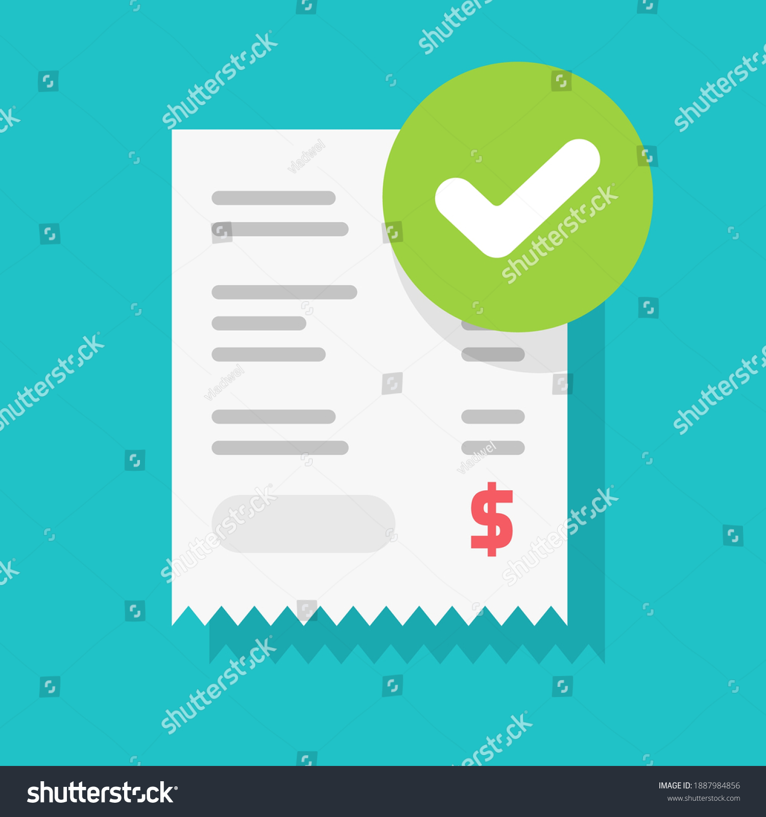 SVG of Success approved payment check mark notification on paper receipt bill invoice vector flat cartoon icon, valid verified notice checkmark on successful paid online, completed money transfer or purchase svg