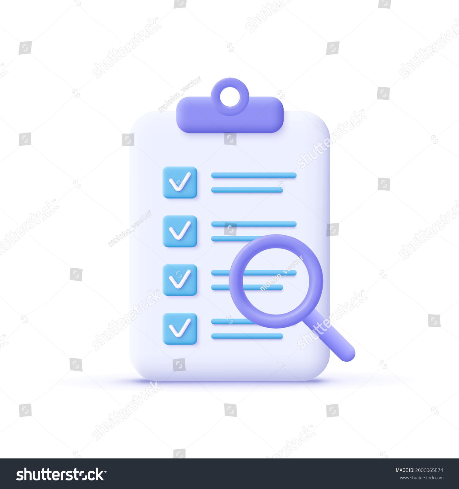 SVG of Successfully complete business assignments icon. Magnifying glass with a checklist on clipboard paper. 3d vector illustration. svg