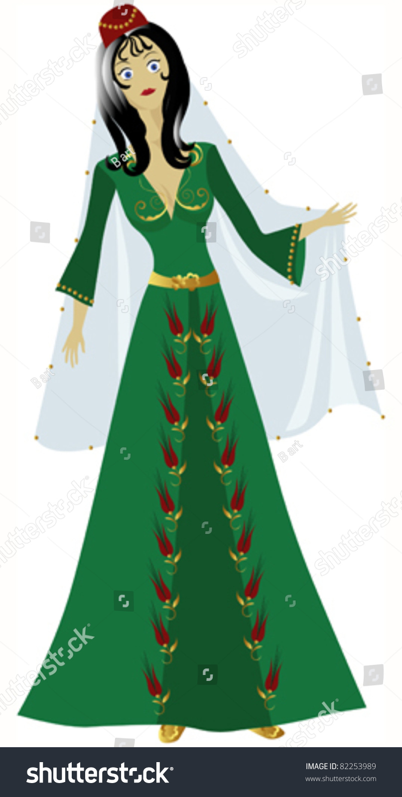 turkish woman in green dress with veil clip art preview