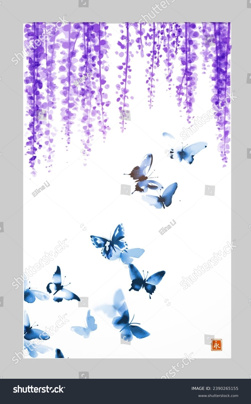 SVG of Sumi-e style illustration of cascading wisteria and flying butterflies on a white background. Translation of hieroglyph - eternity. svg