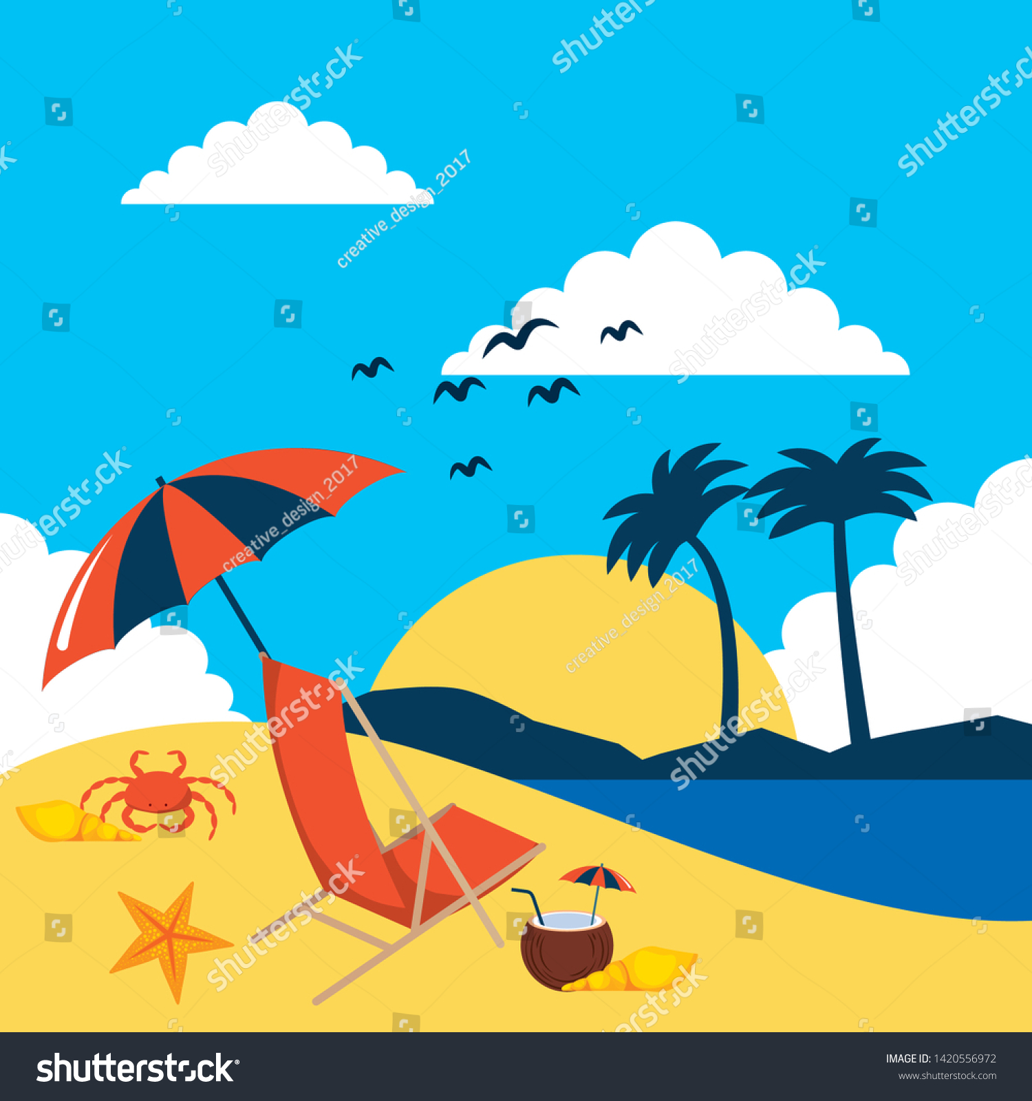 Summer Beach Scenery Sunchair Umbrella Cocktail Stock Vector (royalty 