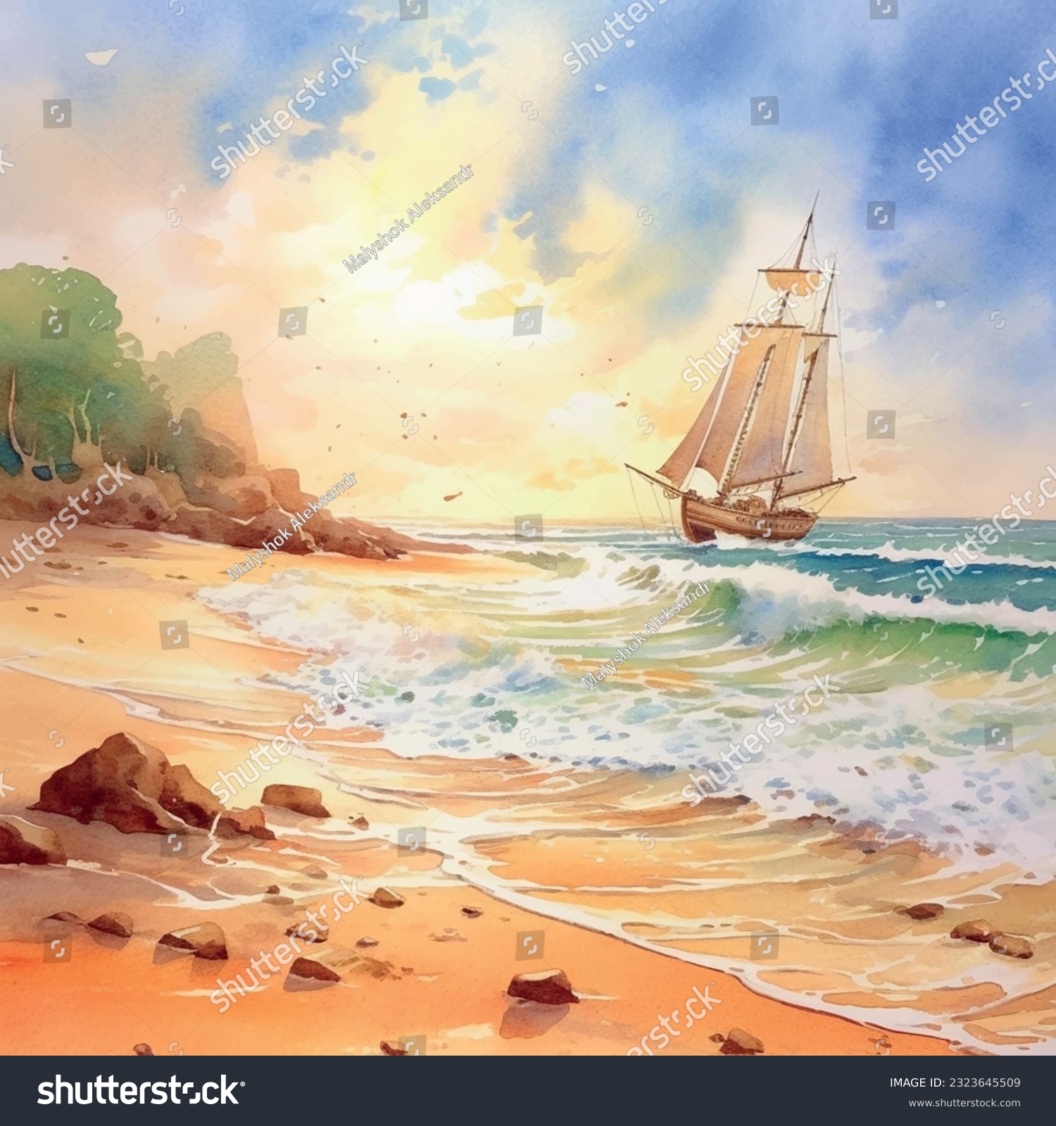 SVG of Summer beach by the sea with a sailboat on the water. abstract design. Vector graphics pattern background. Template texture for interior, packaging, wallpaper, textile, paper, interior decoration, pic svg