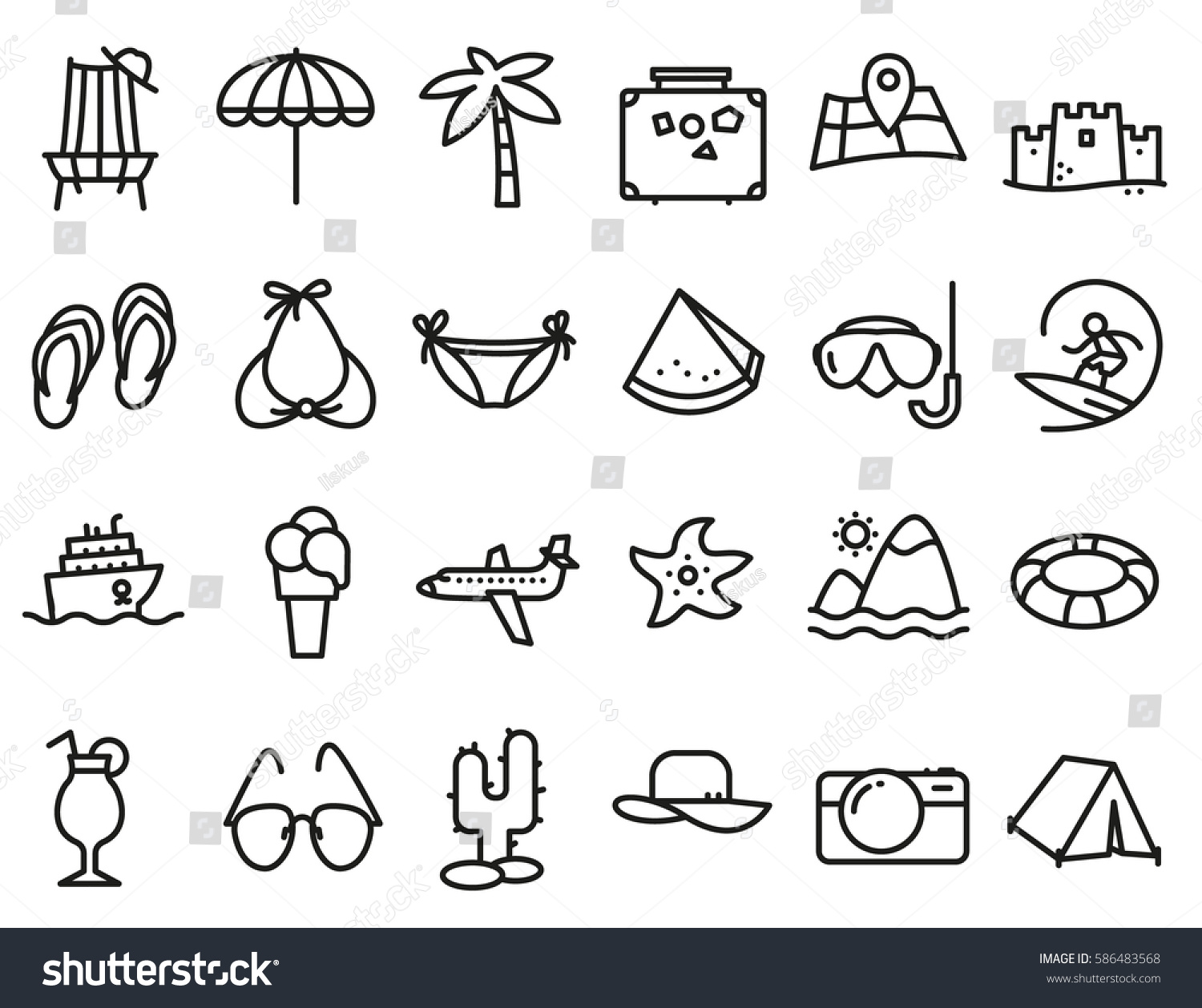 Summer Beach Icons Set Line Thin Stock Vector (Royalty Free) 586483568 ...