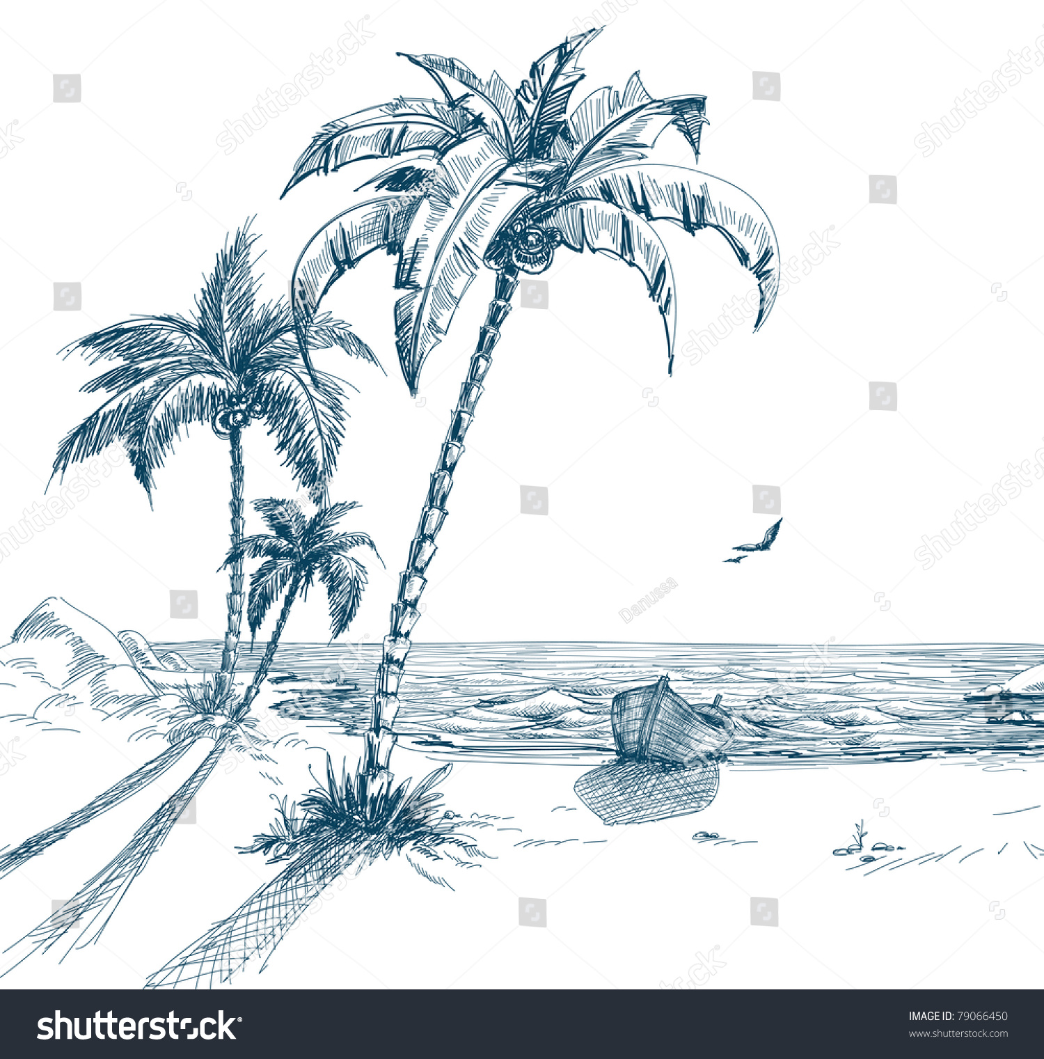 Summer Beach Palm Trees Seagulls Boat Stock Vector Royalty Free