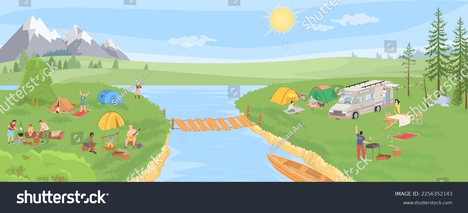 SVG of Summer camp in mountain valley at river bank vector illustration. Happy people tourists living in tents, travel trailers and camper vans, cooking and eating food outdoor, playing, talking each other svg