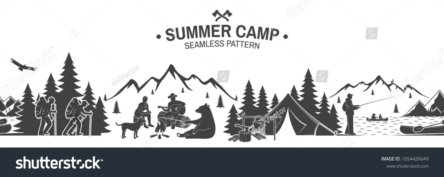 シームレスなサマーキャンプ柄 ベクターイラスト 壁紙またはラッパーの屋外のアドベンチャー背景 山 熊 犬 女の子 キャンプファイアの周りにギターを持つ男性が座るシームレスなシーン のベクター画像素材 ロイヤリティフリー
