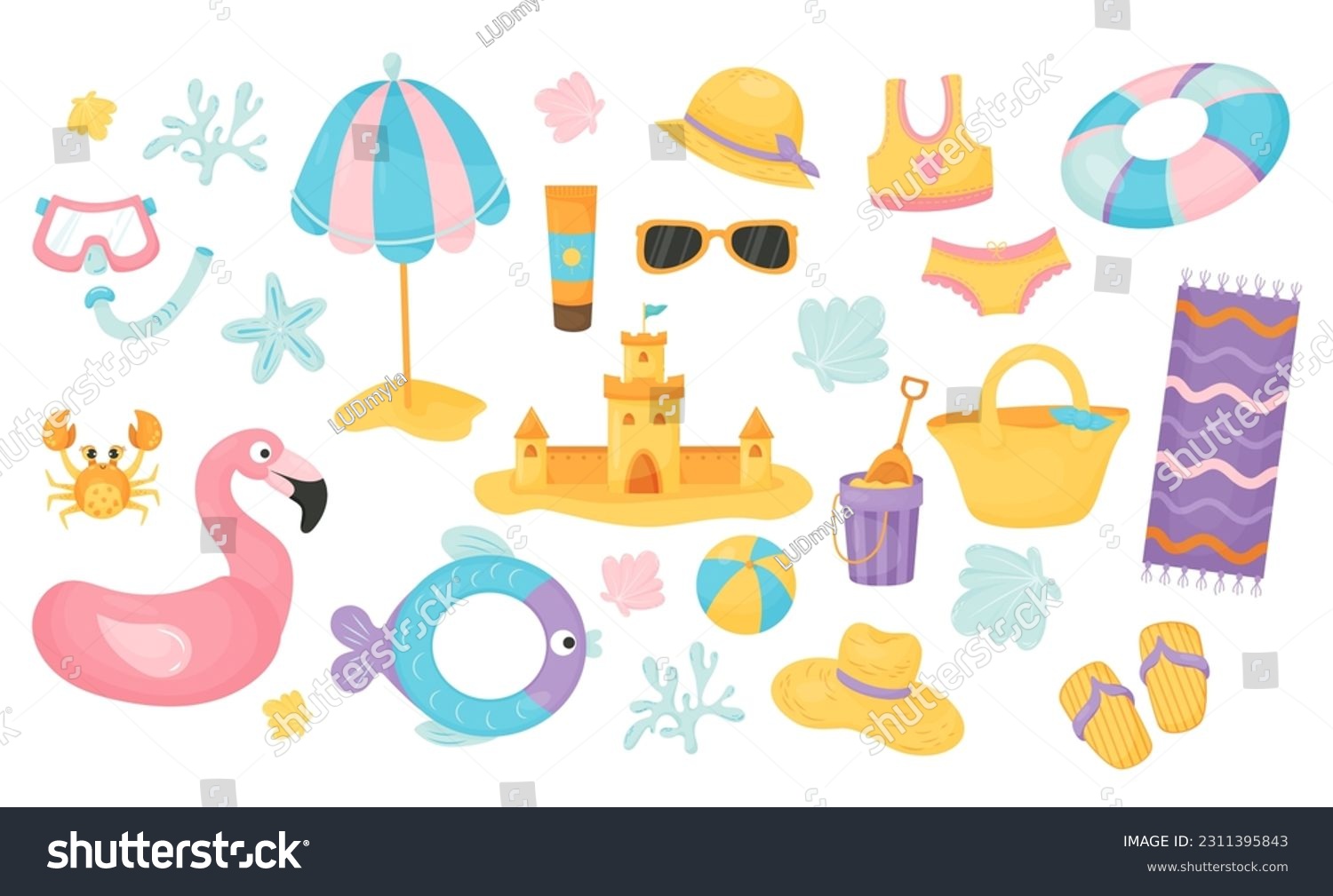 SVG of Summer collection. Sand castle, sun umbrella, life buoy, flamingos, ball, beach items and shells, mask with snorkel, crab and swimsuit. Vector illustration in cartoon style. Isolated cute elements svg