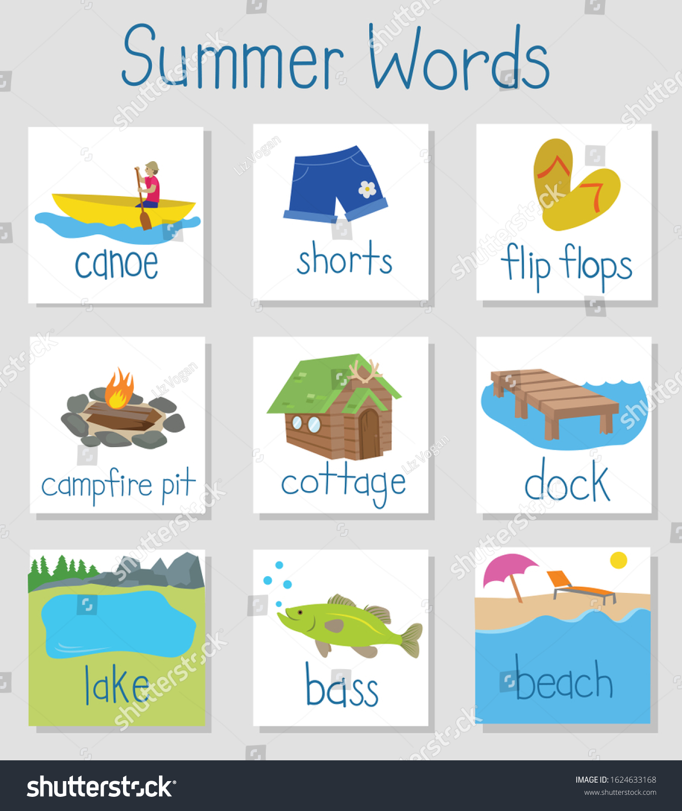 Summer English Vocabulary Word Flash Cards Stock Vector Royalty Free 1624633168