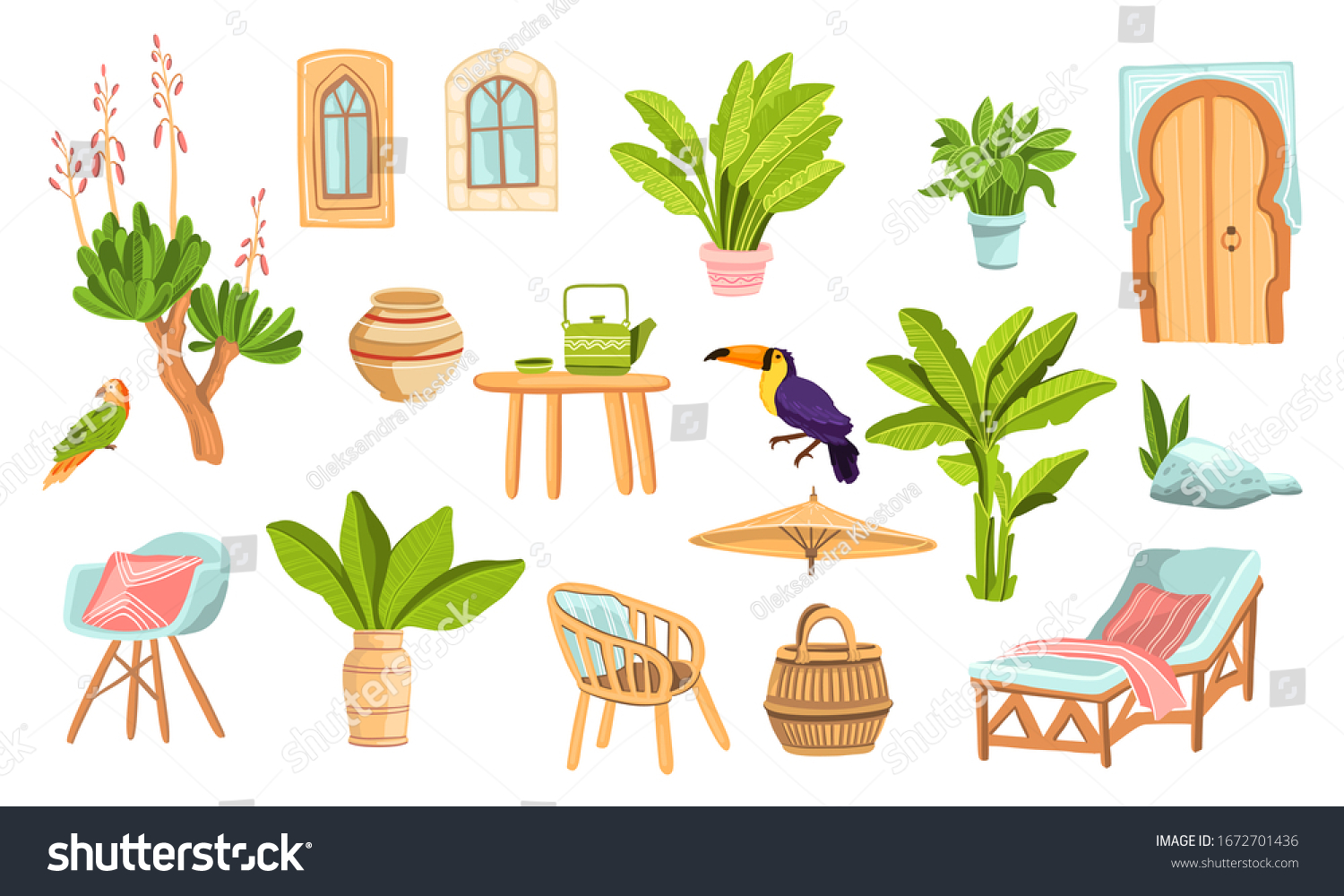 SVG of Summer exotic set with backyard cane furniture, tropical and houseplants, windows, doors, toucan, parrot. Morocco hand drawn collection isolated on white. Colorful design elements for prints, flyers svg