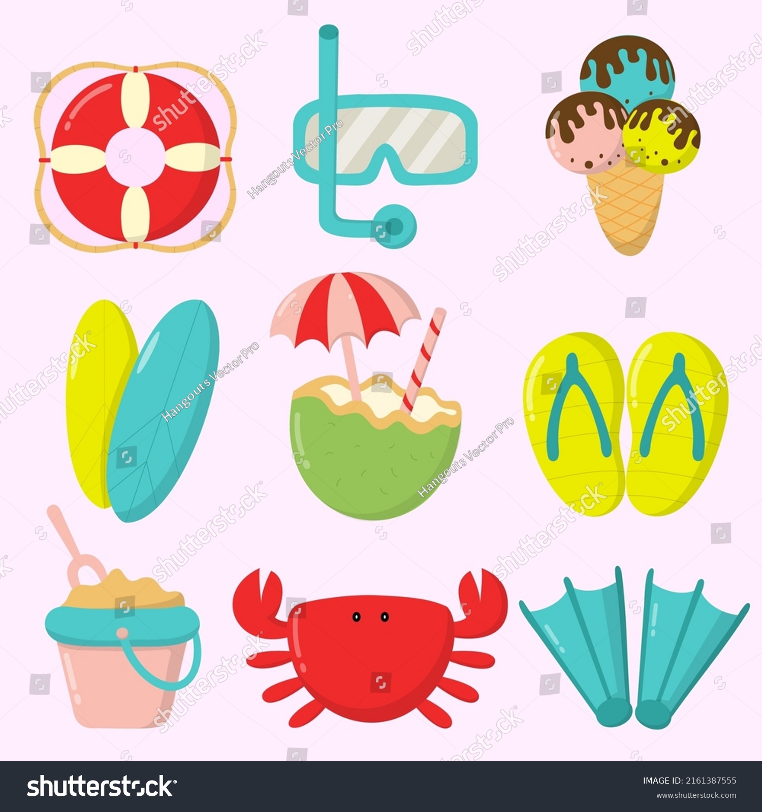 SVG of Summer holiday traveling and tourism elements. Colorful touristic objects like lifebuoy, snorkel, ice cream, surfboard, coconut, flip flops, sand bucket, crab, fins. Cartoon flat vector illustration svg
