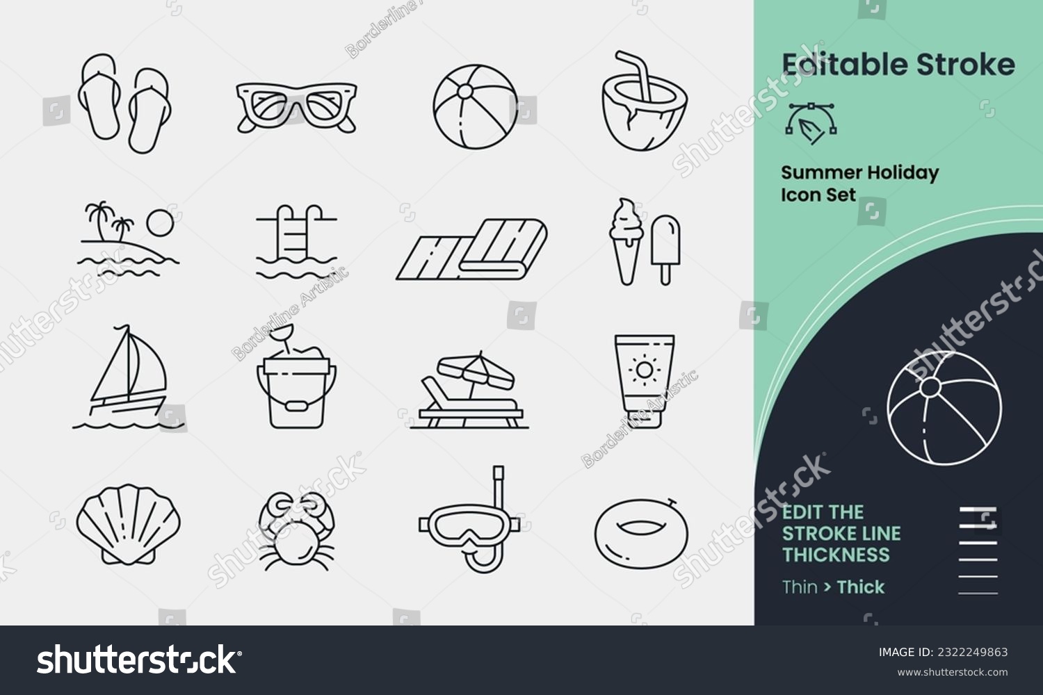 SVG of Summer Holiday Vacation Icon collection containing 16 editable stroke icons. Perfect for logos, stats and infographics. Edit the thickness of the line in any vector capable app. svg