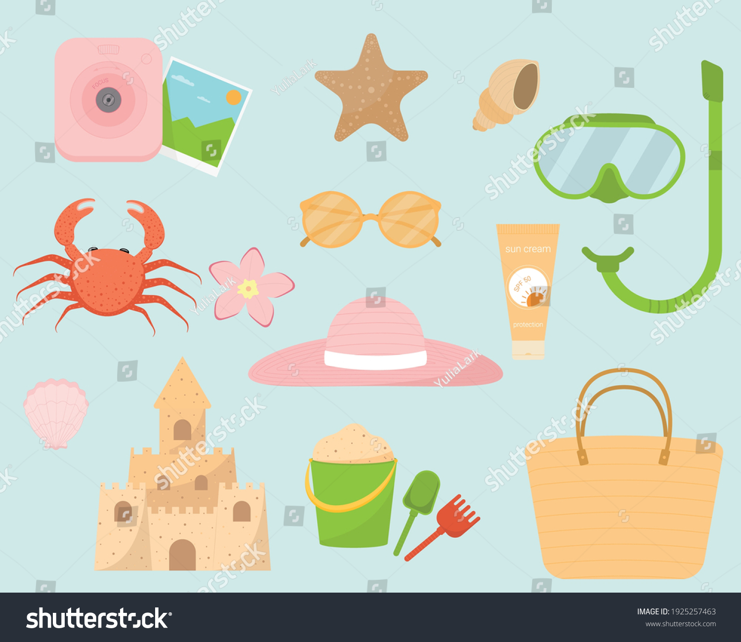 SVG of Summer items. Camera, sunglasses, sunscreen, beach bag, snorkeling mask and snorkel, shells, sun hat, crab, sand castle, flower, sand bucket, sand scoop and rake, starfish. Vector illustration. svg
