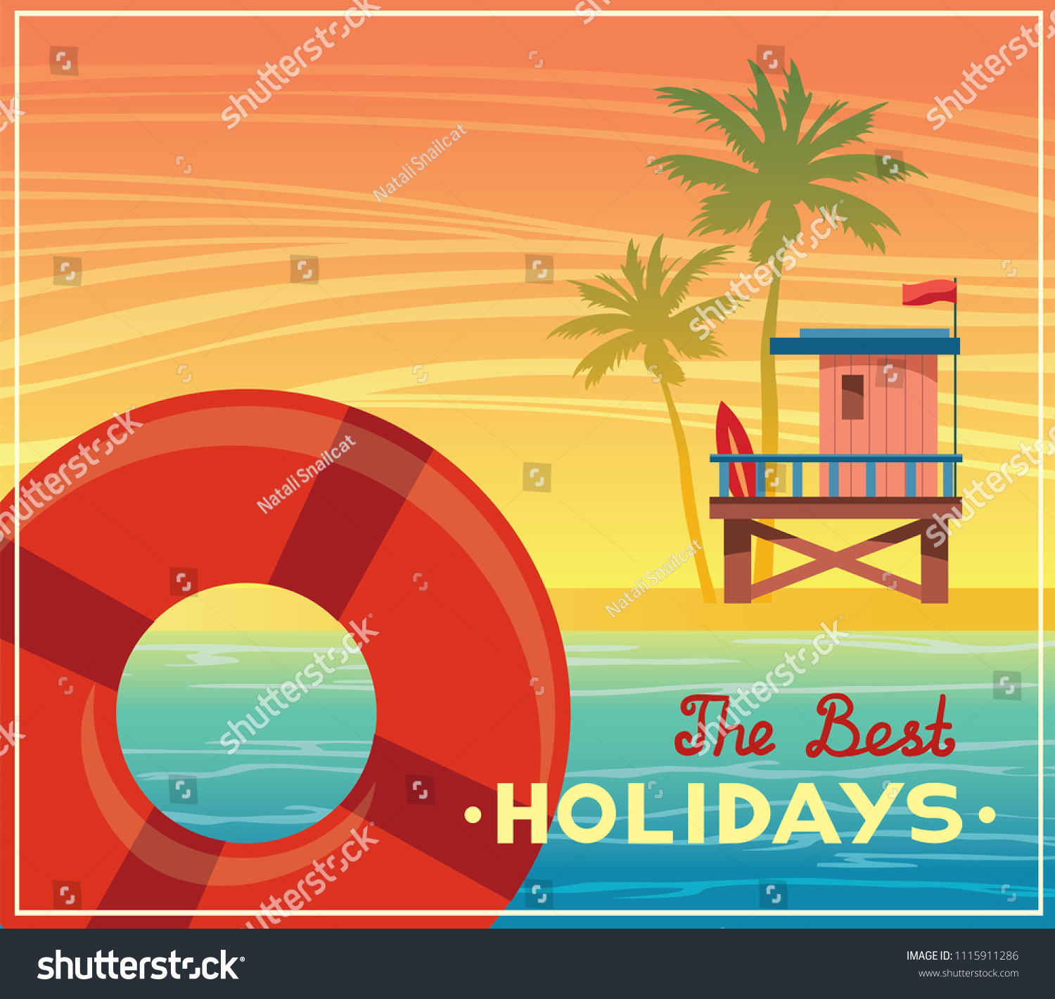 SVG of Summer landscape with blue sea, lifeguard station, palm tree and sunset sky. Vector nature illustration. Holiday card. svg