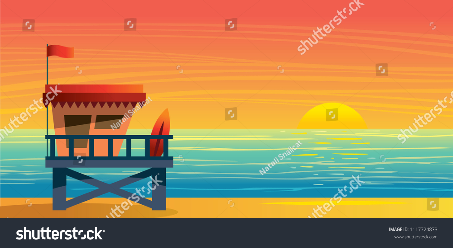 SVG of Summer nature landscape with lifeguard station, blue sea and sun on a sunset sky. Vecor illustration. svg