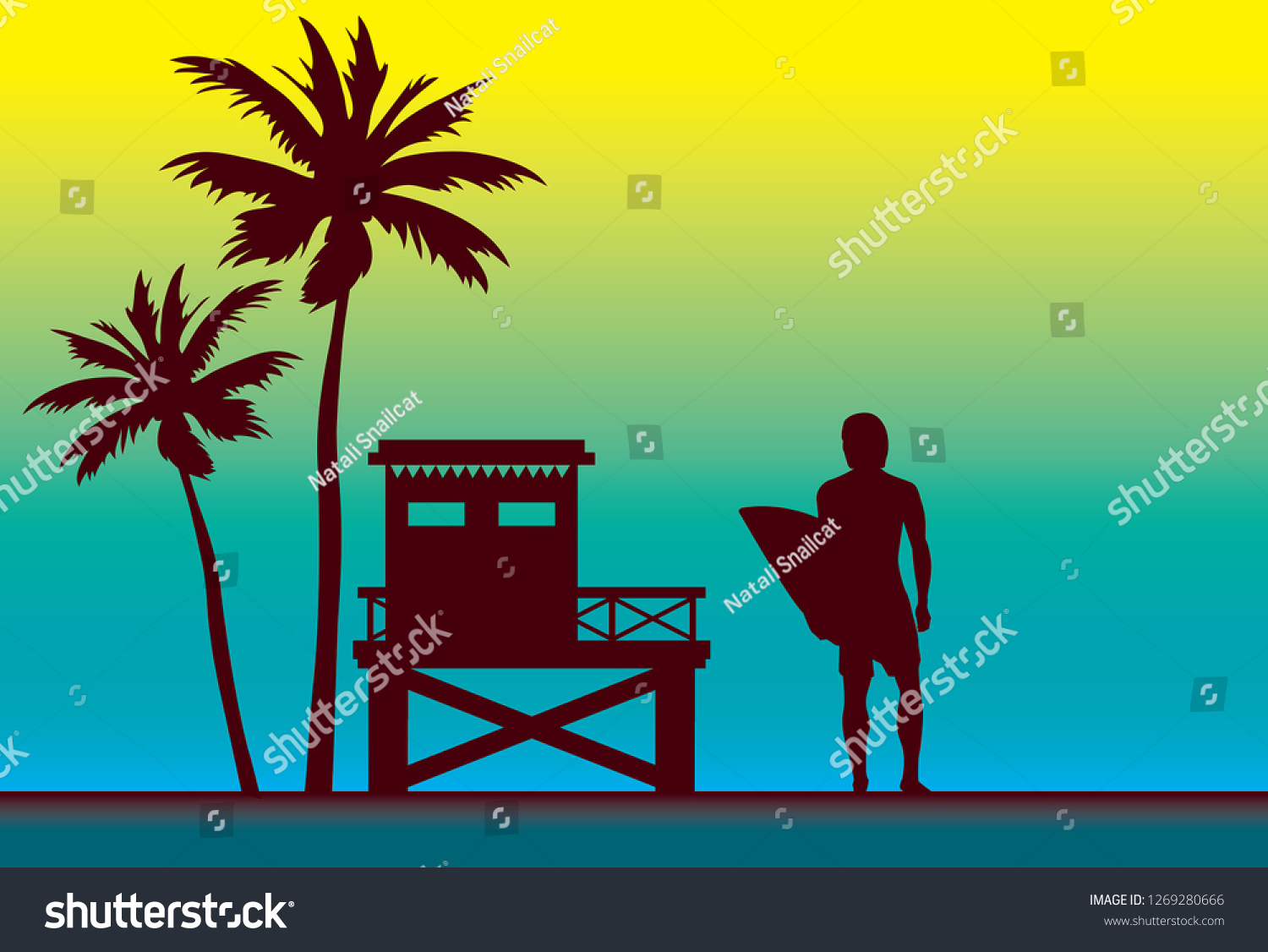 SVG of Summer nature vector illustration - Silhouette of surfer, lifeguard station and palm tree. Sport card - surfing. svg