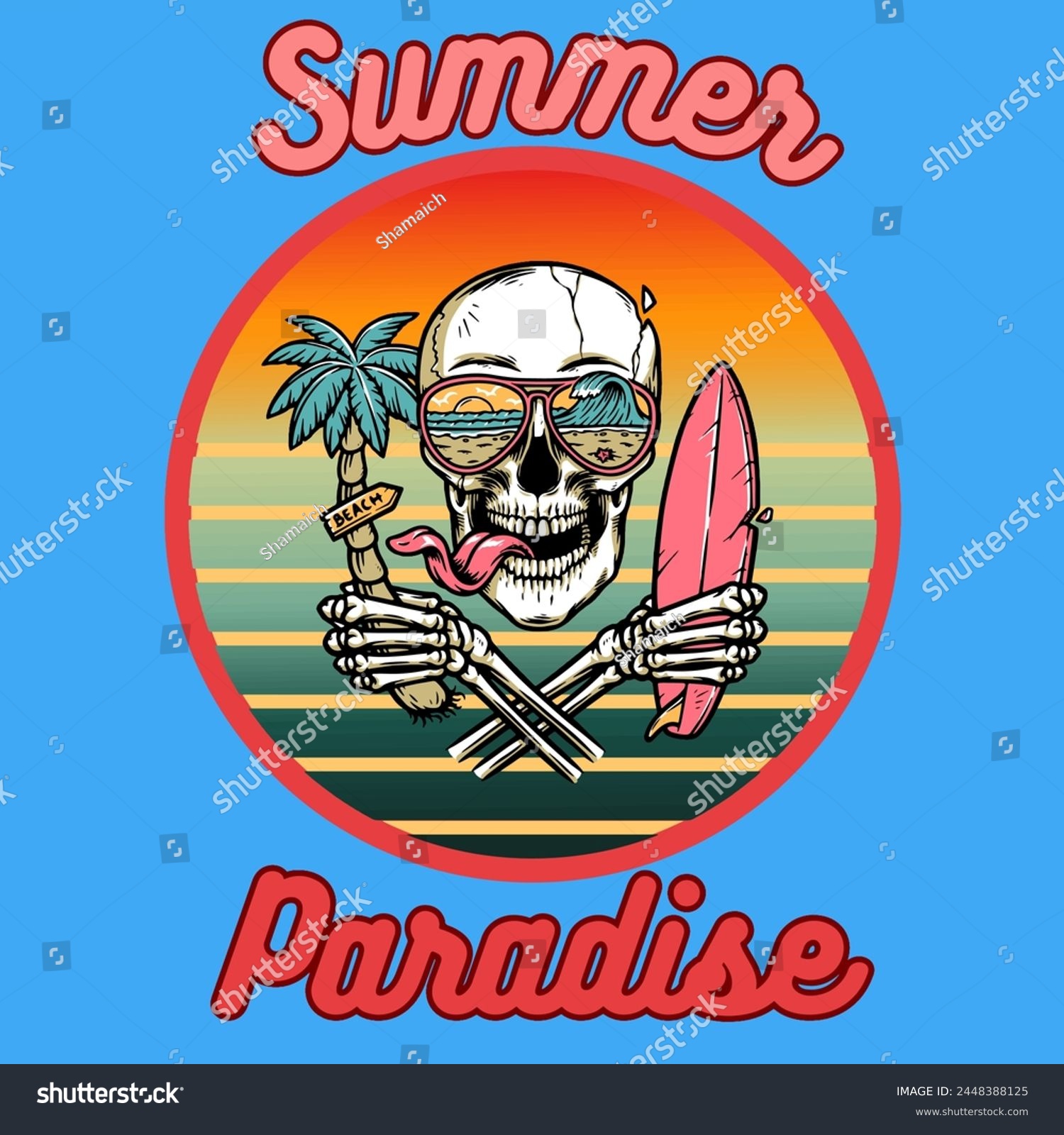 SVG of Summer paradise, summer skull with a surfboard and a palm tree in hands, can be used as a poster, banner, postcard, etc. svg