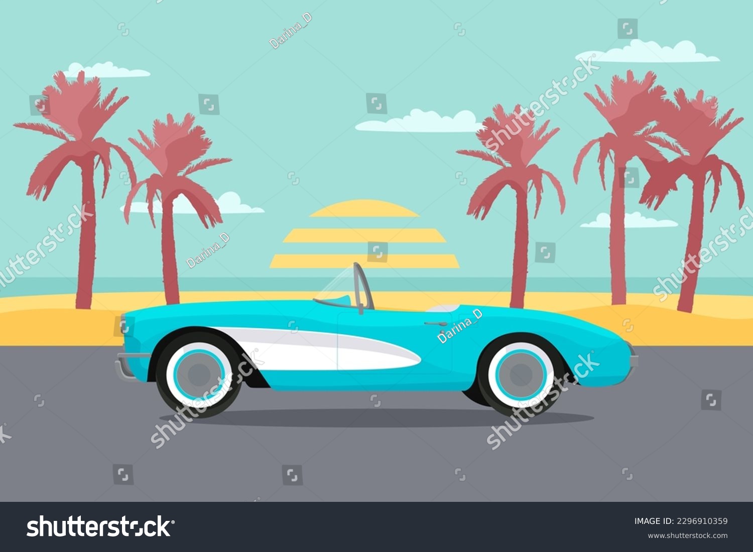 SVG of Summer retro poster with classic car. Vintage beach with palm trees silhouette, sunset on background. Horizont illustration for card, print design. Vector svg