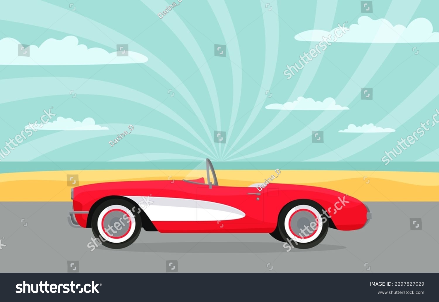 SVG of Summer retro poster with red corvette classic car, sunset. Vector svg