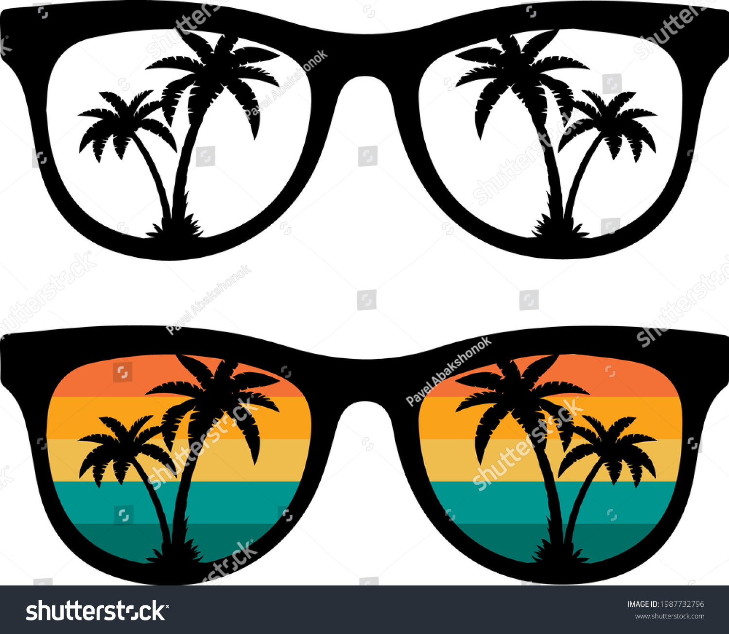 SVG of Summer retro sunglasses svg image  isolated on white background. Sunglasses with retro sun. Retro Vintage Sunset Sunglasses shirt design. Sunglasses with palms tree silhouette. svg