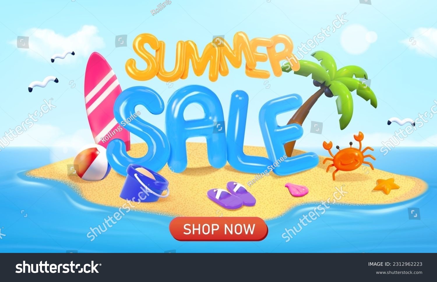 SVG of Summer sale balloon text on beach island with palm tree, sea creatures, surfboard, beach ball, sandals and bucket. Shop now button below. Suitable for online promotion ad. svg