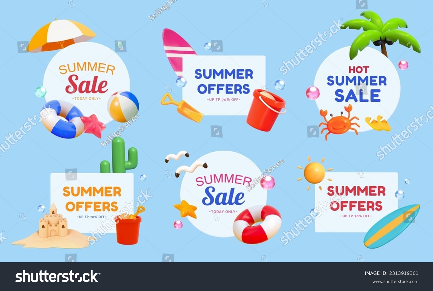 SVG of Summer sale promotion element set isolated on light blue background. Each decorated with 3D beach vacation theme objects. svg