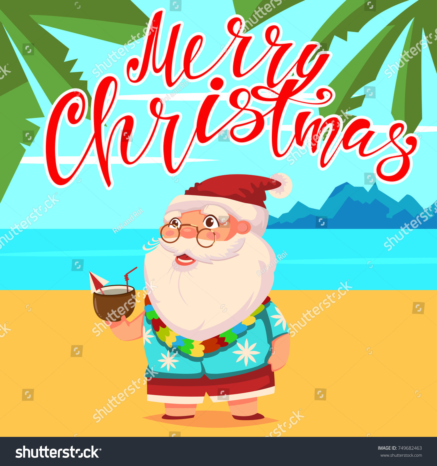 summer santa claus on the beach with palm trees in shorts and a hawaiian shirt with - Merry Christmas In Hawaiian Language summer santa claus on the beach with palm trees in shorts and a hawaiian shirt with - Merry Christmas In Hawaiian Language