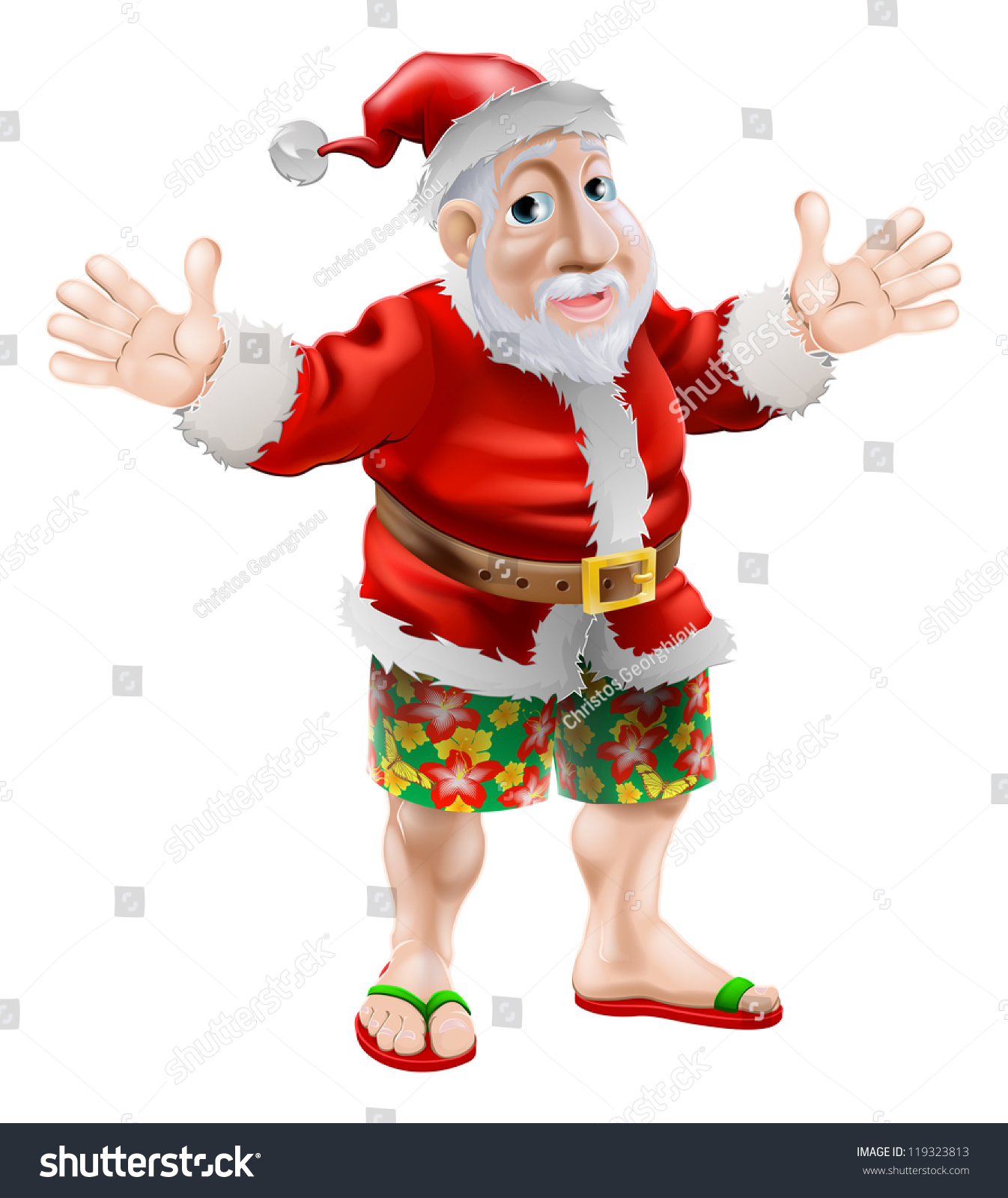 Summer Santa In Beach Wear, Long Board Shorts Or Bermuda Shorts And ...