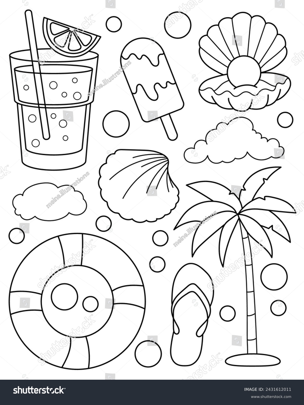 SVG of Summer set. Coloring page, black and white vector illustration. svg