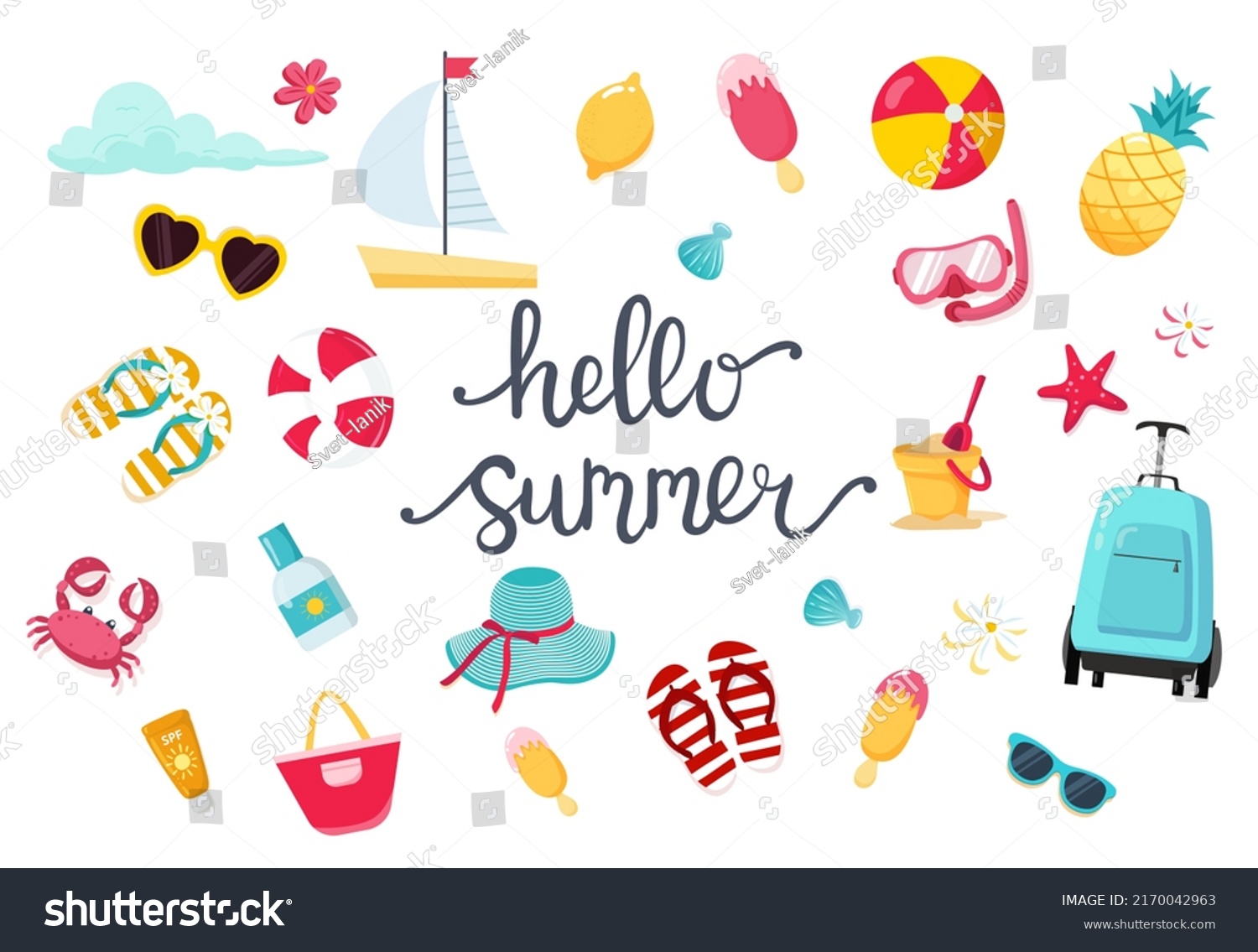 SVG of Summer set with lettering and cute beach elements flip flops, fruits, flowers, ice creams. Flat cartoon elements. Vector illustration svg