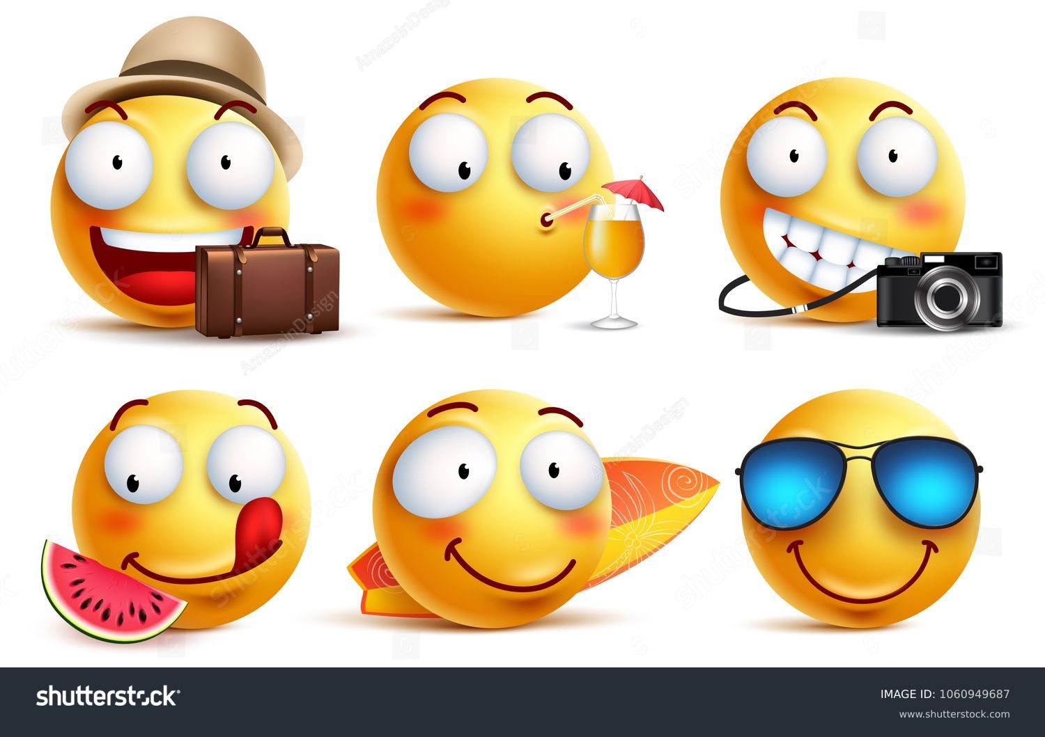 SVG of Summer smileys vector set with facial expressions. Yellow smiley face emoticons with summer vacation and travel outfits and elements isolated in white background. Vector illustration.
 svg