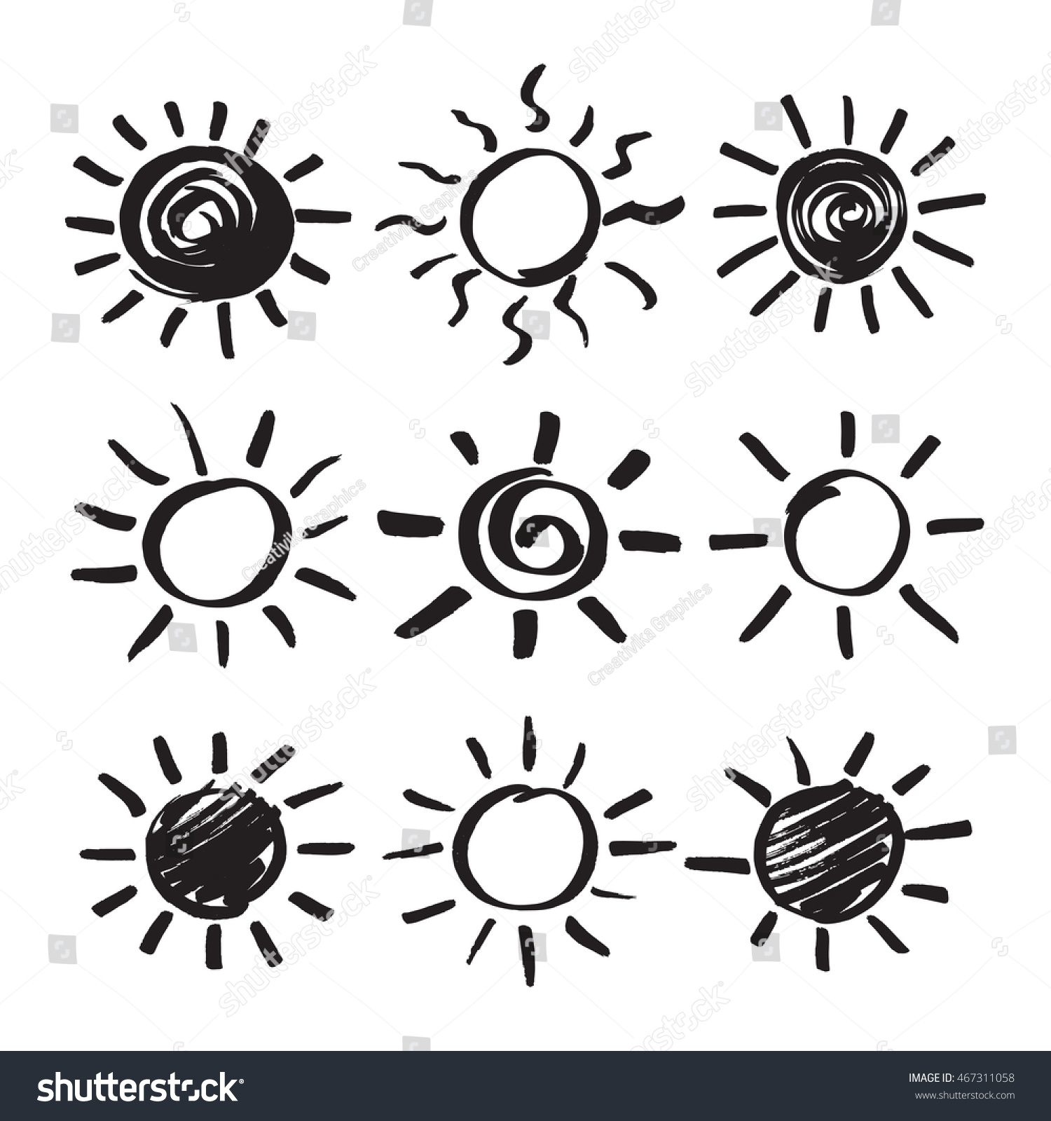 夏の太陽のデザインエレメント 黒いマーカーで描いた日照シルエット記号のセット 白い背景にフェルトペンで太陽光線を落書き ベクター画像eps8イラスト のベクター画像素材 ロイヤリティフリー