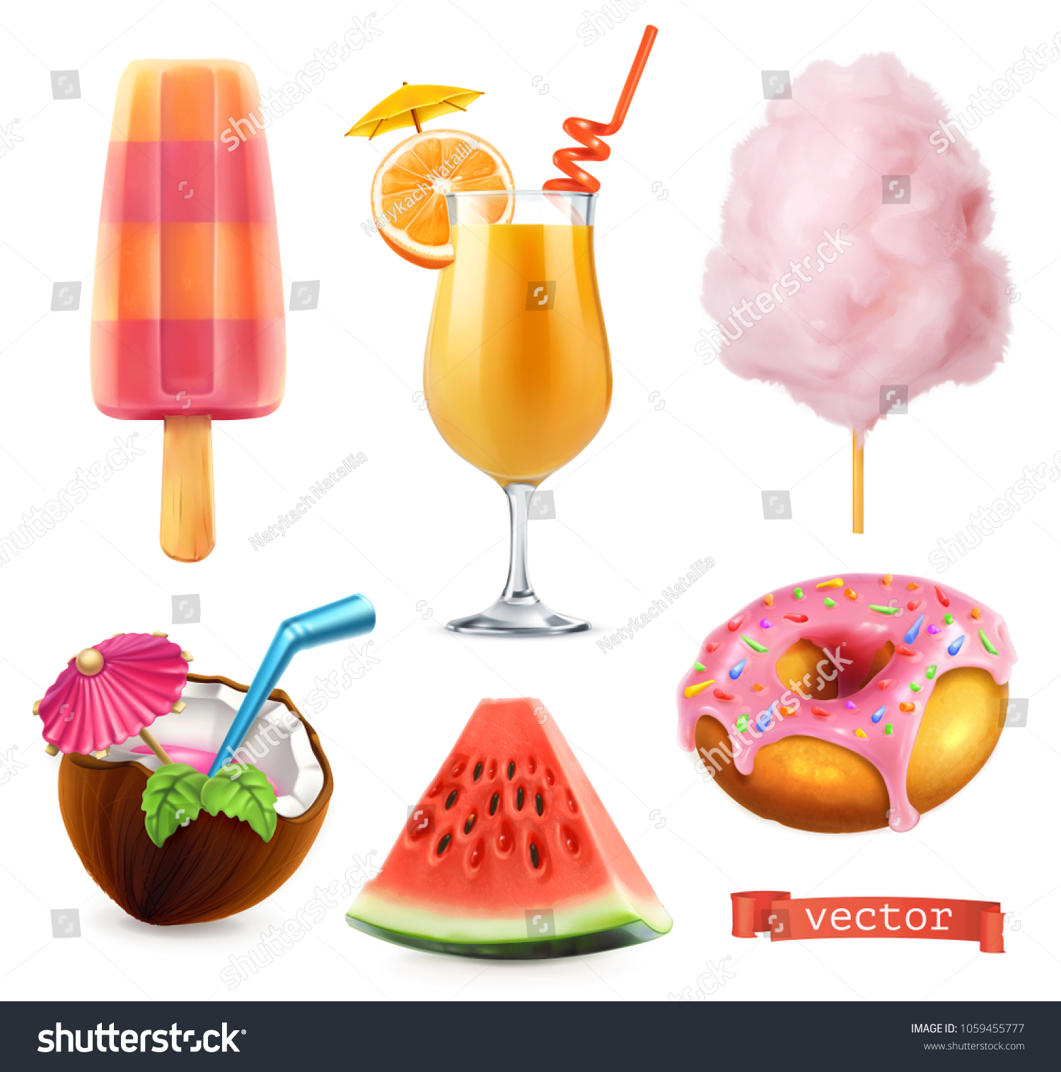 SVG of Summer, sweet food. Ice cream, orange juice, cotton candy, cocktail, watermelon, donut. 3d realistic vector icon set svg