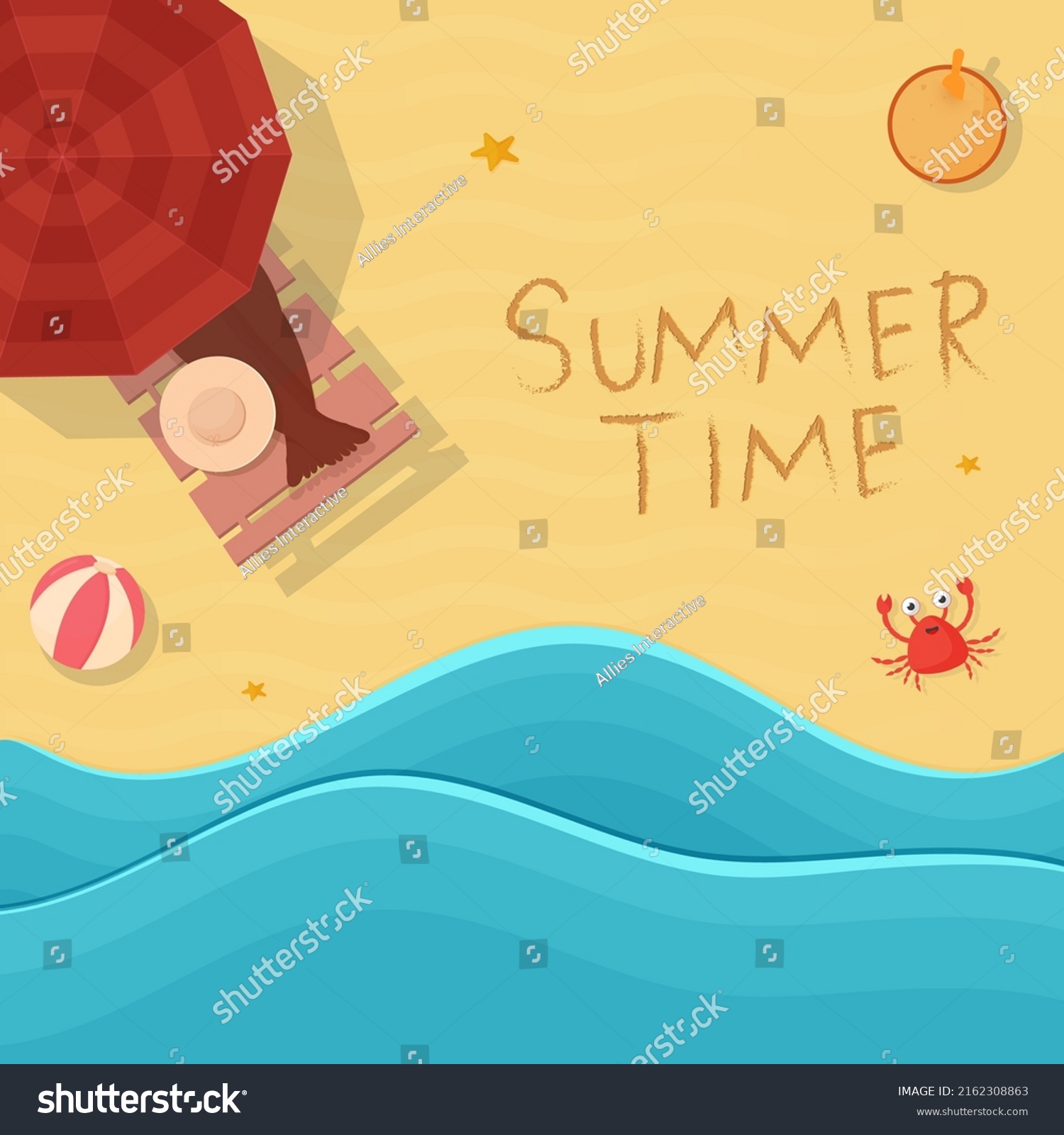 SVG of Summertime Poster Design With Top View Of Sun Lounger, Sand Bucket, Crab On Beach Side Background. svg