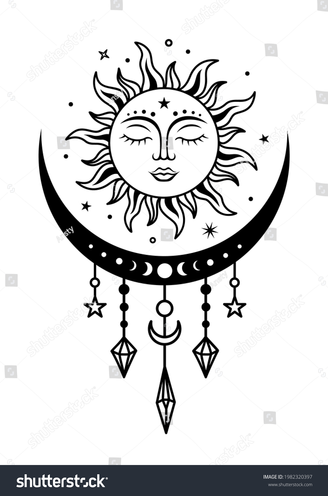 Sun Crescent Moon Vector Silhouette Design 库存矢量图（免版税）1982320397