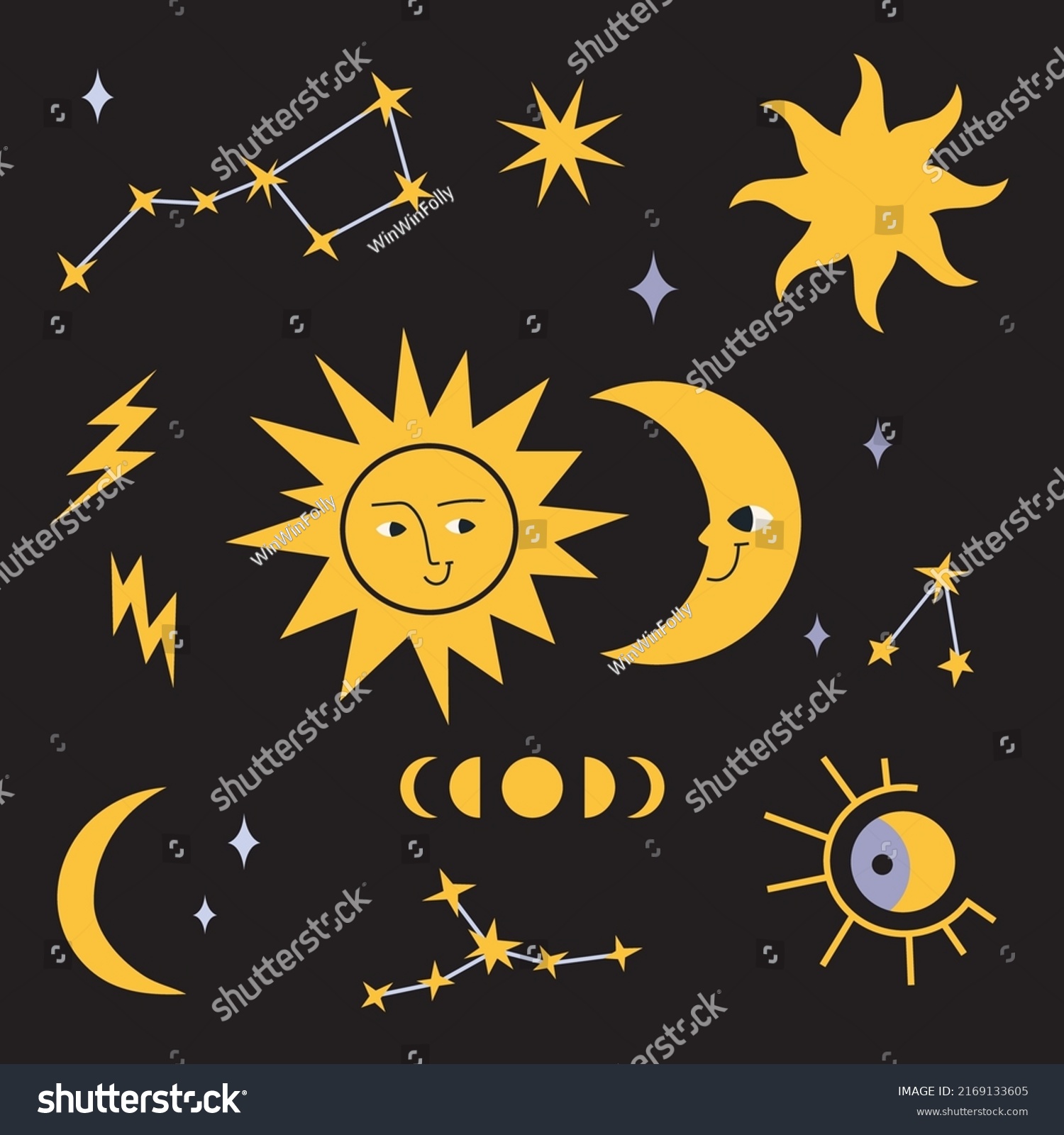 SVG of Sun and moon, constellations, phases of the moon, cartoon style. Cute character. Trendy modern vector illustration, hand drawn, flat design. svg