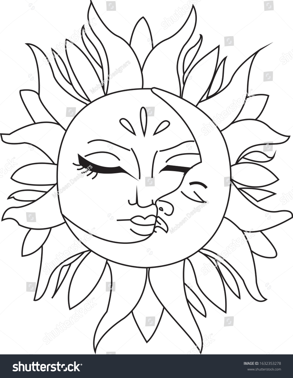 Sun Moon Face Line Art Vector Stock Vector Royalty Free