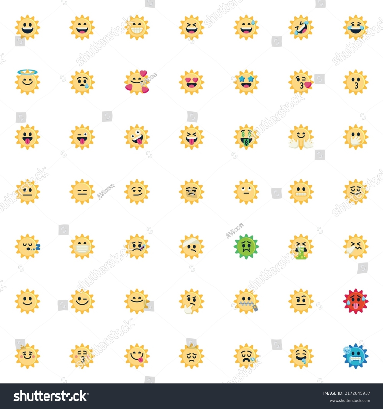 SVG of Sun face emoticon flat icons set, Colorful symbols pack contains - Winking Sun Face emoji, Blowing a Kiss smiley, Savoring Food, Money-Mouth, Neutral emotion. Vector illustration. Flat style design svg