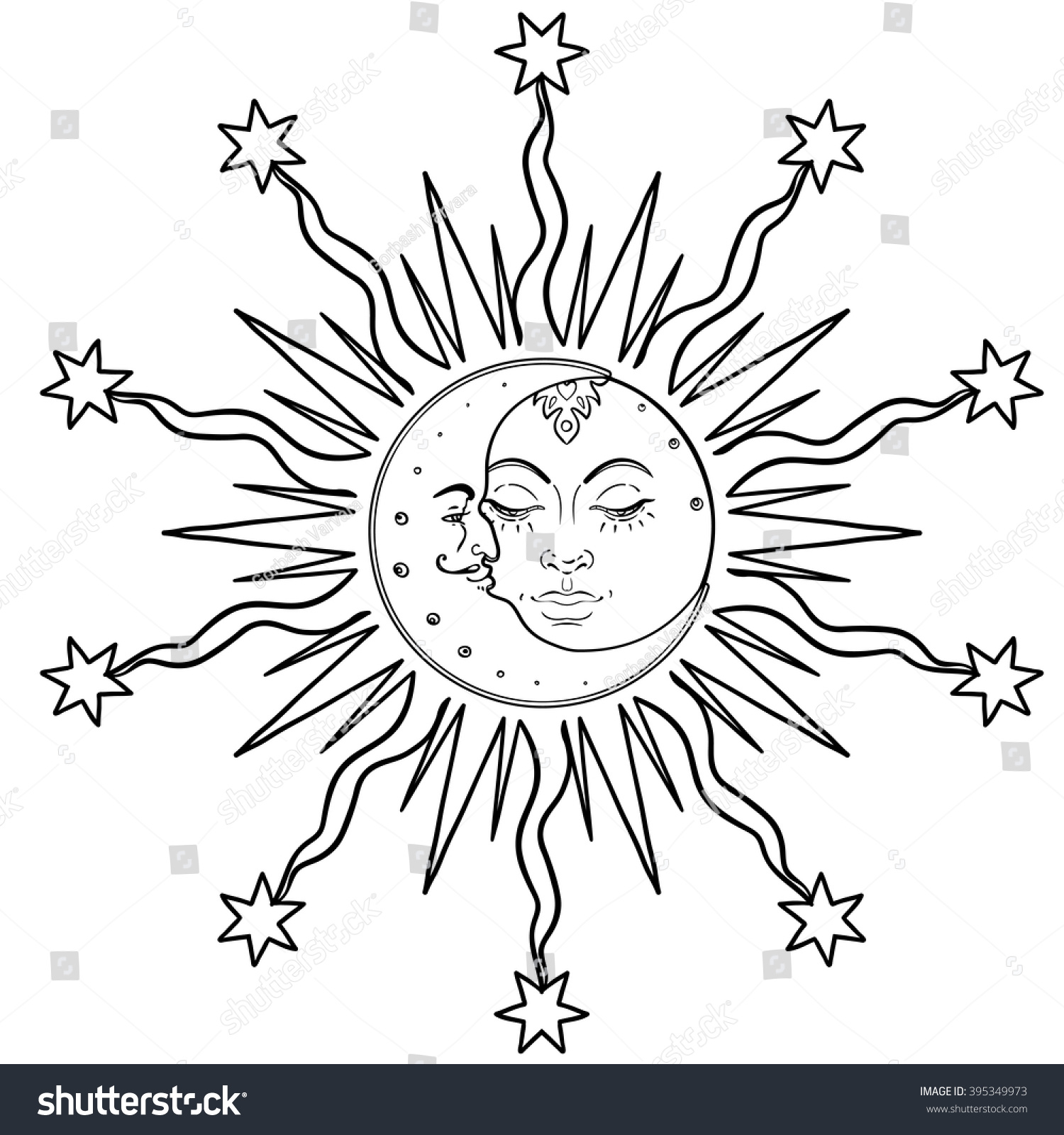 Download Sun Moon Symbols Face Inside Ornate Stock Vector 395349973 ...
