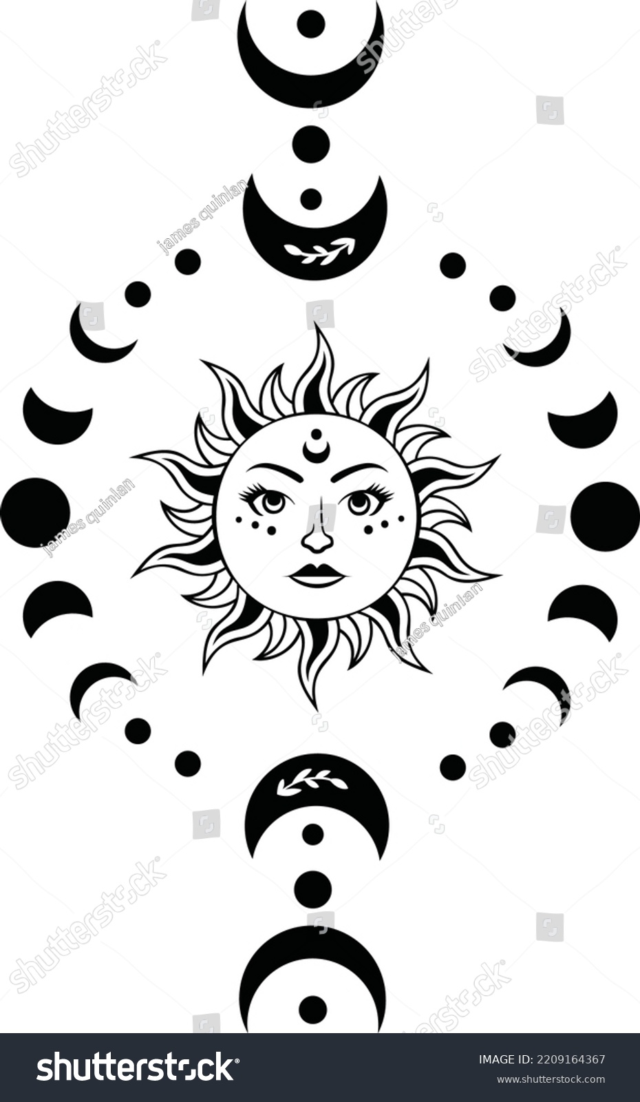 SVG of Sun with face surrounded by phases of the moon design. svg